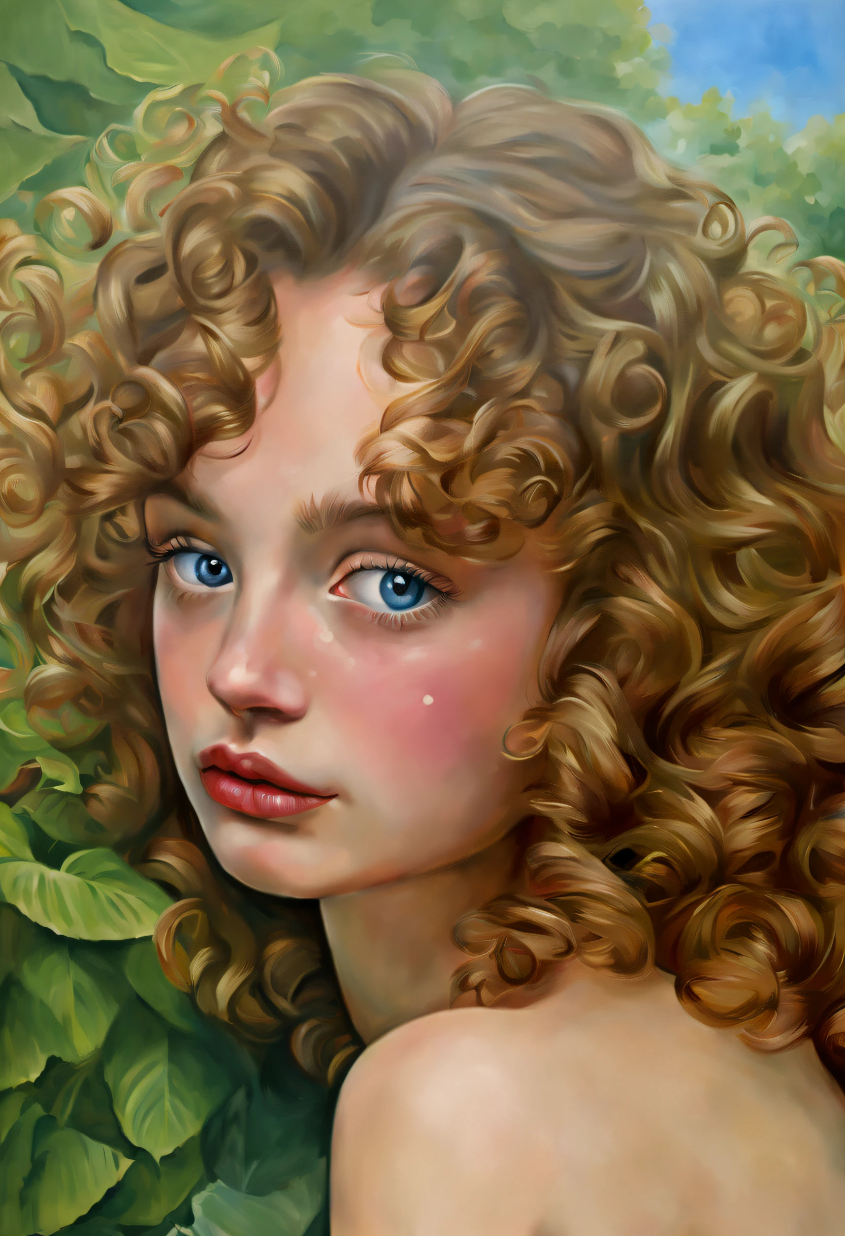 (best quality,realistic,hair:curly,beautiful,wavy,eyes:blue,lips:detailed,tears:crying,emotions:sadness),portrait,medium:oil painting,garden scenery,trees,flowers,natural lighting,soft colors