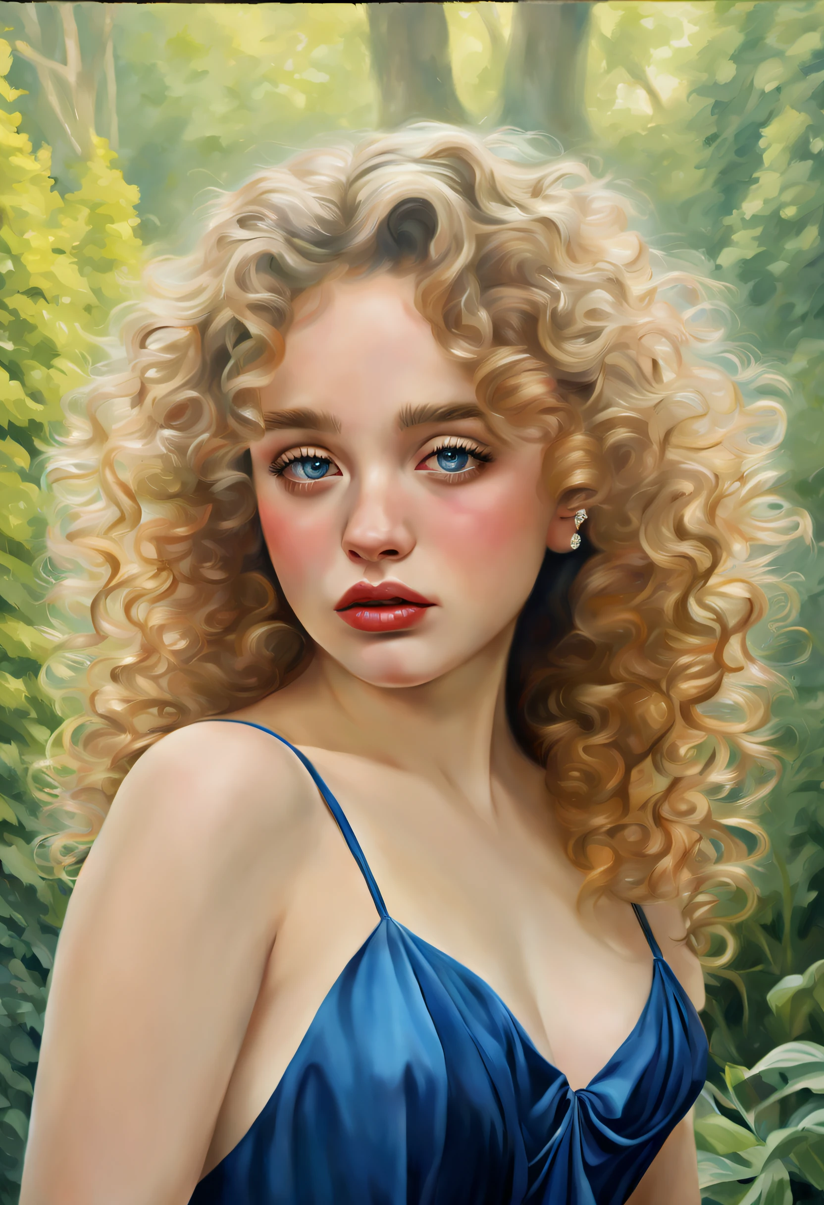 (best quality,realistic,hair:curly,beautiful,wavy,eyes:blue,lips:detailed,tears:crying,emotions:sadness),portrait,medium:oil painting,garden scenery,trees,flowers,natural lighting,soft colors