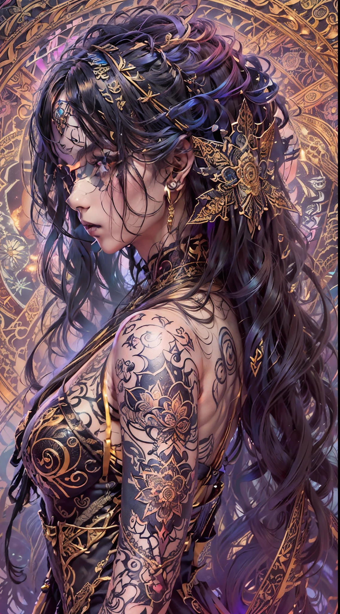 (masterpiece, top quality, best quality, official art, beautiful and aesthetic:1.2), (1girl), perfect body, eyes that radiate brightness, long black hair with small golden highlights, ((hyperdetailed dress)),((aesthetic style clothing with gothic style details)), dressed in black, golden, and red colors, ((shadow and light effects on his body that give an ethereal aspect to the composition)),aesthetic style tattoos exclusively on the arms, extreme detailed, colorful, highest detailed, official art, unity 8k, wallpaper, ultra detailed, beautiful and aesthetic, (in background a zentangle, mandala, tangle, entangle) ,holy light, gold foil, gold leaf art, glitter drawing,