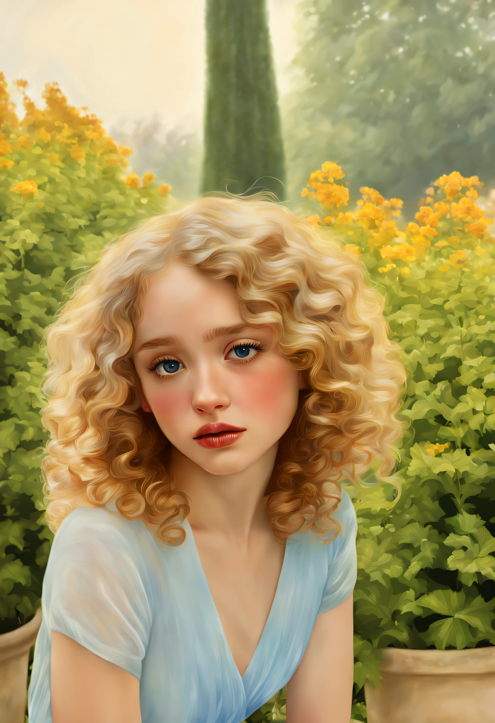 (best quality,realistic,hair:curly,beautiful,wavy,eyes:blue,lips:detailed,tears:crying,emotions:sadness),portrait,medium:oil painting,garden scenery,trees,flowers,natural lighting,soft colors