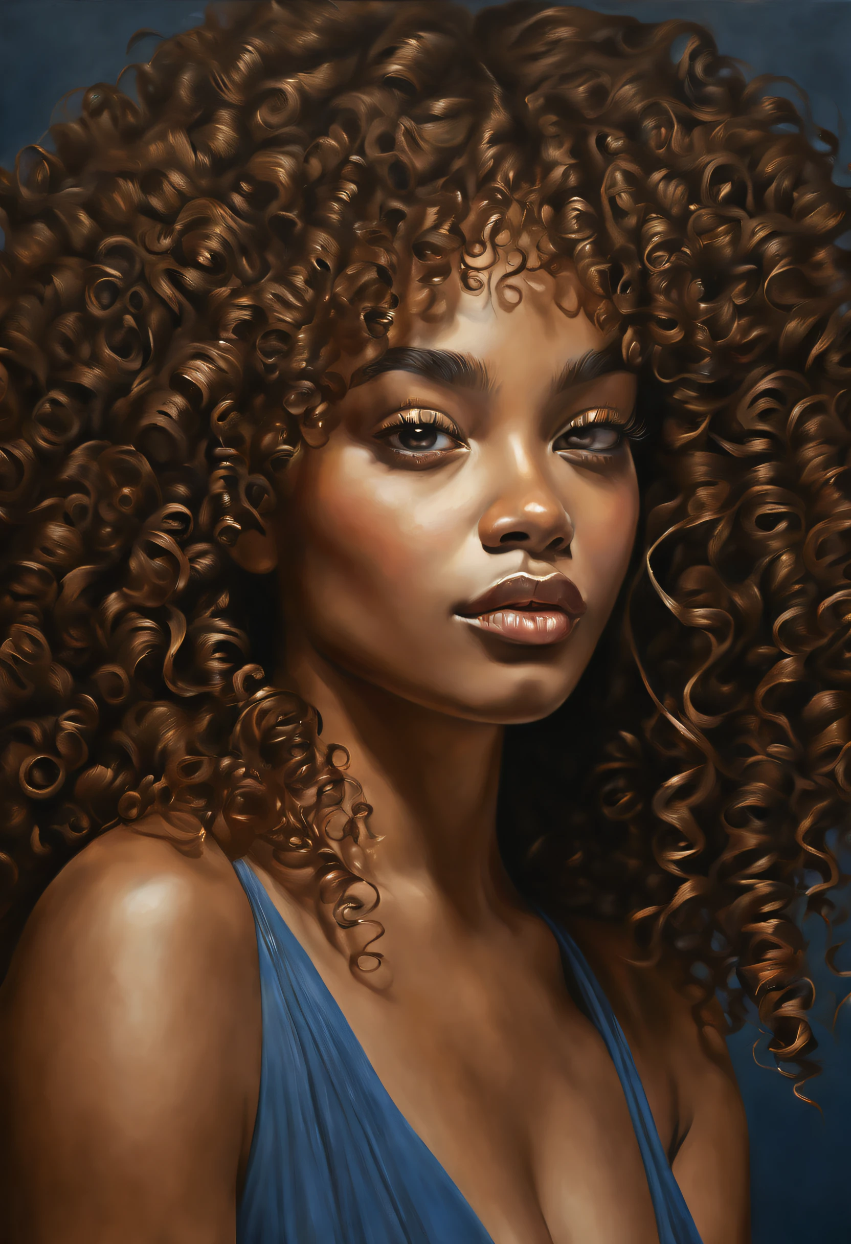 (best quality,highres:1.2),ultra-detailed,realistic,portraits,beautiful black woman with big curly hair, intense blue tearful eyes

For the artwork, imagine a stunning portrait of a beautiful black woman with long, luscious curls cascading down her shoulders. Her hair is voluminous and full of intricate details. The curls are carefully rendered to show their natural texture and movement.

Her eyes are the highlight of the painting, captivating and filled with emotions. They are a deep shade of blue, glistening with tears that add a touch of vulnerability and depth to her expression. The artist has paid careful attention to every detail, capturing the reflection of light in her eyes and the subtle nuances of her irises.

The painting focuses on her face, highlighting her facial features. The artist has skillfully portrayed her finely-shaped eyebrows, which perfectly frame her eyes. Her lashes are long and delicately curled, adding to the allure and intensity of her gaze. The painting also features her beautifully detailed lips, exuding a sense of serenity and grace.

The overall quality of the artwork is of the highest caliber, with every brushstroke meticulously chosen to create a masterpiece. The level of detail is astonishing, with each strand of hair and every contour of her face rendered with precision and realism.

The style of the artwork is realistic portraits, with an emphasis on capturing the essence of the subject. It showcases the artist's ability to bring the subject to life, creating a sense of connection and emotional depth.

In terms of color, the artist has used a rich and vibrant color palette. The hues are carefully selected to enhance the natural beauty of the woman, with a focus on warm and complementary tones that harmonize with her skin tone and hair color.

As for lighting, the painting is illuminated by soft, diffused light that casts a gentle glow on her face. The artist has expertly played with light and shadow, creating a sense of depth and three-dimensionality. The lighting adds a touch of drama to the artwork, enhancing the overall impact and emotional resonance.

This artwork is a celebration of the beauty and resilience of black women. It captures the strength and grace that radiates from within, while also highlighting the vulnerability and humanity that lies beneath the surface. It is a powerful and evocative portrayal, showcasing the artist's talent and skill in capturing the essence of the subject.

With this prompt, Stable Diffusion will generate a high-quality, realistic portrait of a beautiful black woman with stunning blue eyes filled with tears, showcasing her strength, vulnerability, and natural beauty.