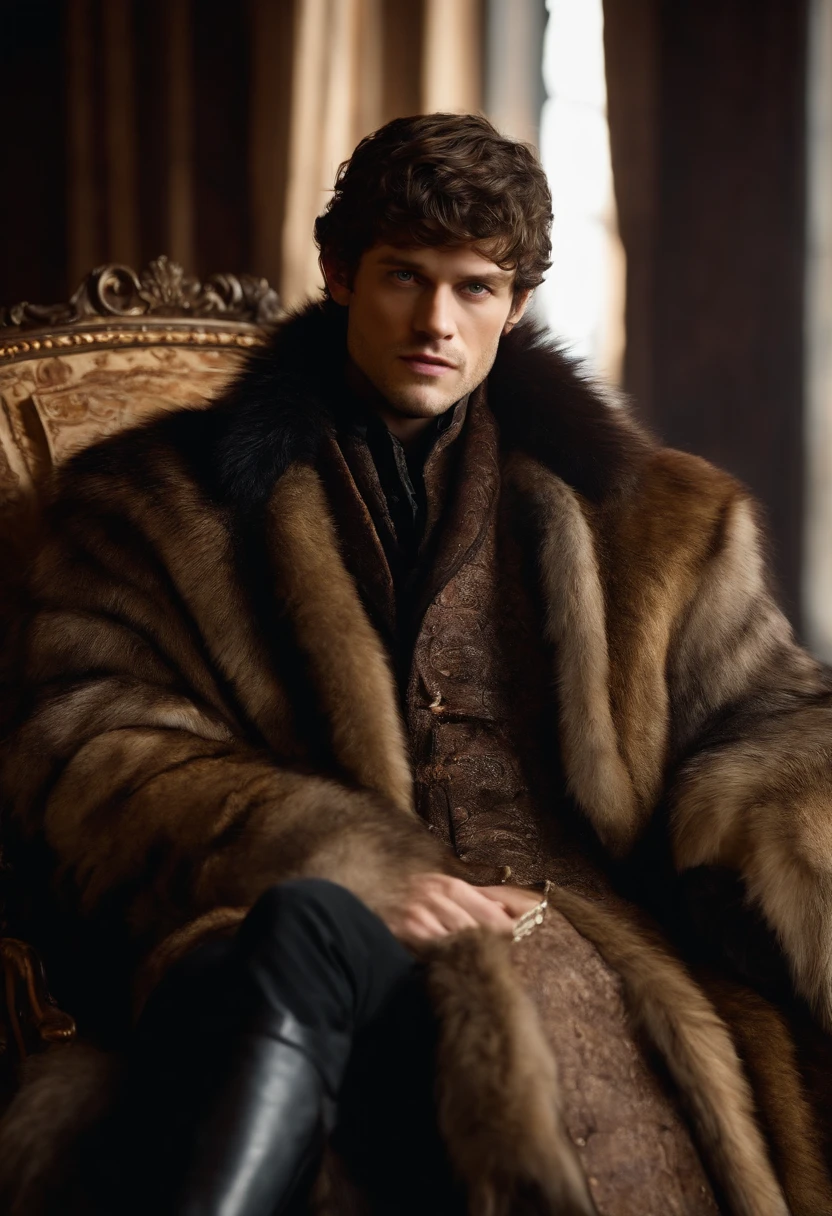 A photo of a luxurious fur coat spread out on a lavish chaise lounge,Game of Thrones TV series,Ramsay has shaggy brown hair and cold grey eyes, dressed in medieval winter attire. Famously portrayed by Iwan Rheon