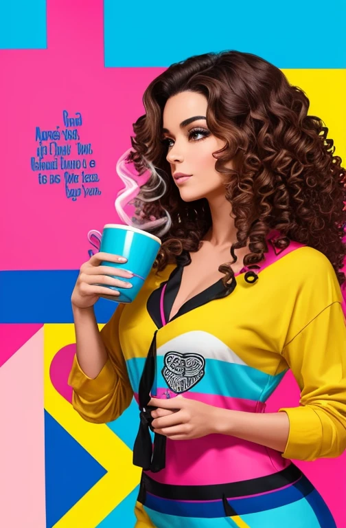 (A BEAUTIFUL BRUNETTE WOMAN HAPPY CURLY HAIR WITH A GOOD CUP OF COFFEE COMING OUT SMOKE IN HER HAND, Beautiful cup ,Coloridas ,pink and blue and yellow WRITTEN WE COOFFE IN THE CUP ), Eduardo Kobra ,Romero Brito,The Filling Twins ,multidimensional geometric wall PORTRAIT, arte, Chibi,
Yang08k, lindo, Colouring,
Primary works, qualidade superior, melhor qualidade, Arte Oficial, Beautiful and Aesthetic, 128 mil