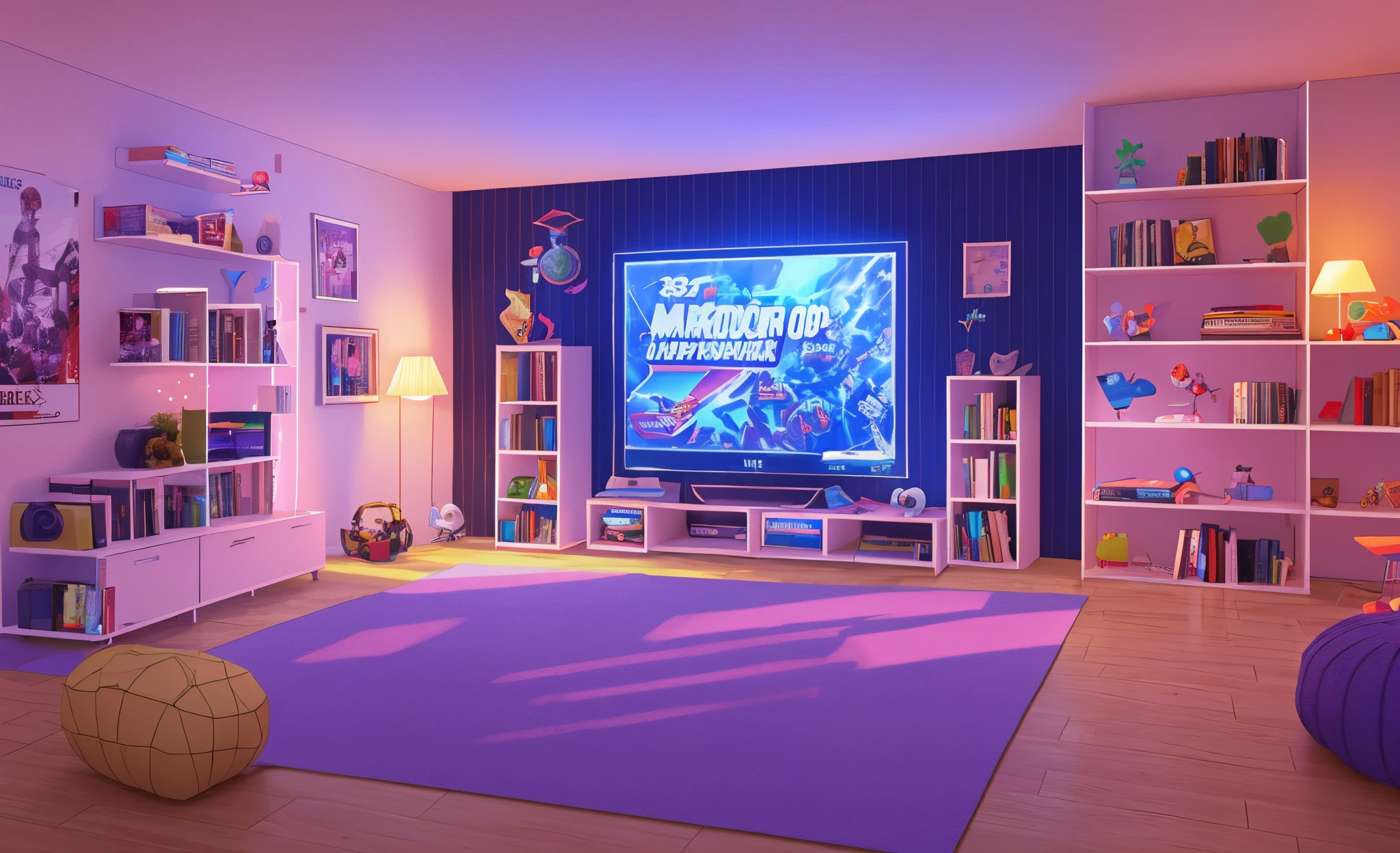Realistic 3D decor with blue and purple LEDs. A MARIO poster. White shelves. On the shelves, a gaming controller, keyboard and mouse. A sofa in the background. At night. Detailed, 4k. --auto --s2