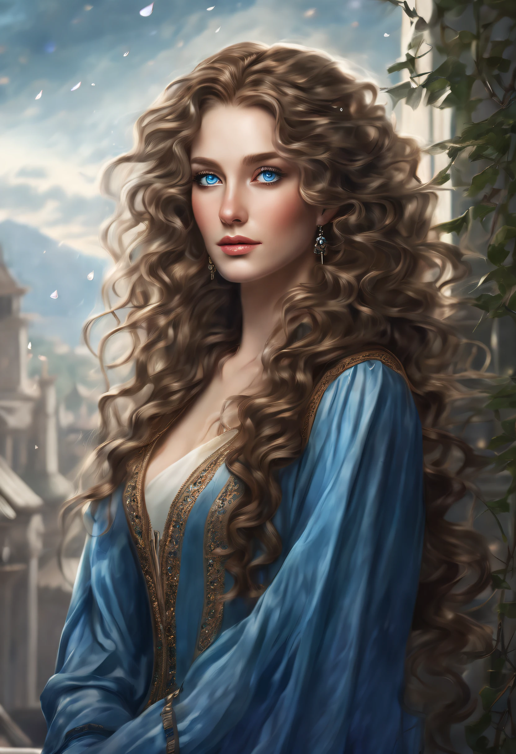 An elegant lady with beautiful long curly hair, captivating blue eyes filled with teardrops