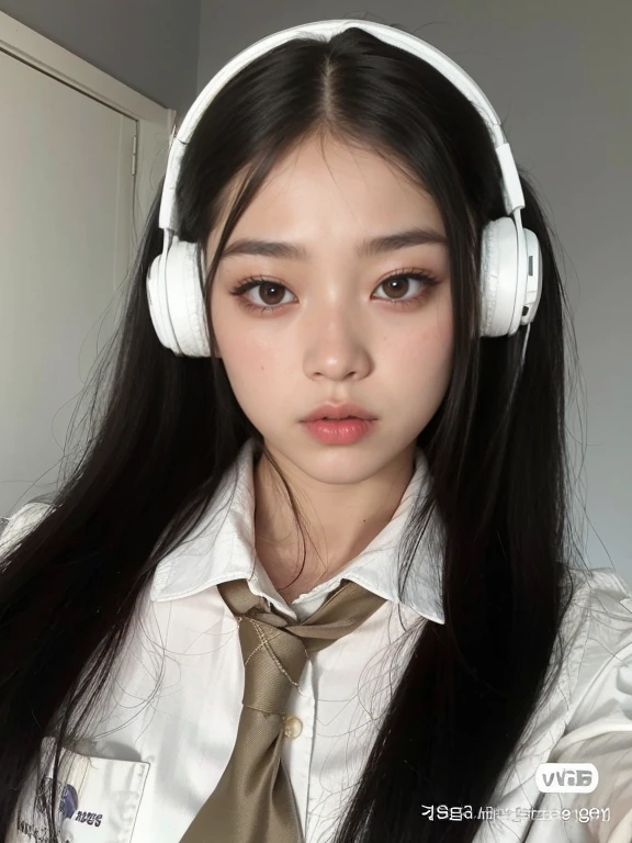 there is a woman wearing headphones and a tie with her eyes closed, com fones de ouvido, com fones de ouvido, Usando fones de ouvido, coreana, Ulzzang, headphones on head, meninao fones de ouvido, Fones de ouvido ligados, Jisoo do Blackpink, usando fones de ouvido pretos, jisoo do blackpink, cruel korean goth girl, jossi do blackpink, Retrato de Jossi de Blackpink, korean symmetrical face