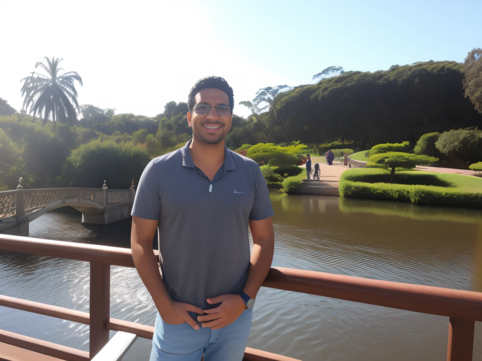 menino sorridente de camisa verde sentado em um banco em um parque, imagem de qualidade muito baixa, em um parque, com um parque ao fundo