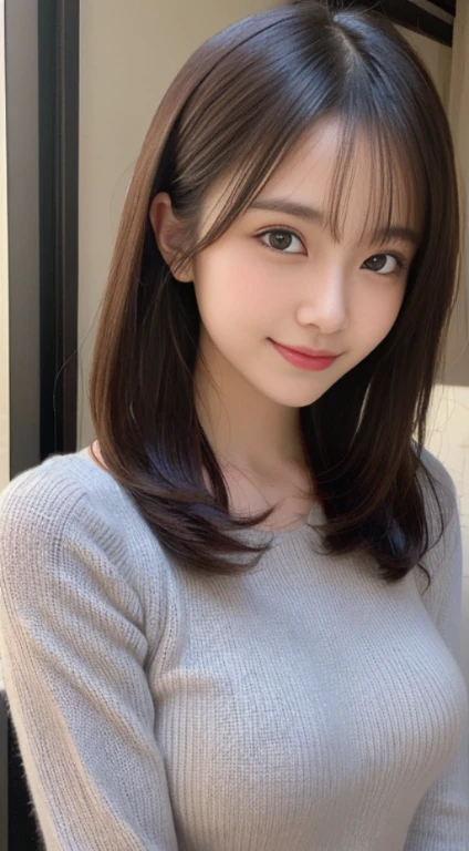 masutepiece, Best Quality, Illustration, Ultra-detailed, finely detail, hight resolution, 8K Wallpaper, Perfect dynamic composition, Beautiful detailed eyes, gray long sleeve knit dress,Straight hair,Small breasts natural color lip, Randomly sexy poses,Smile,Harajuku、20 years girl、Cute、Sexy shot looking at camera,Perfect and beautiful face、nsfw、nude、bottomless