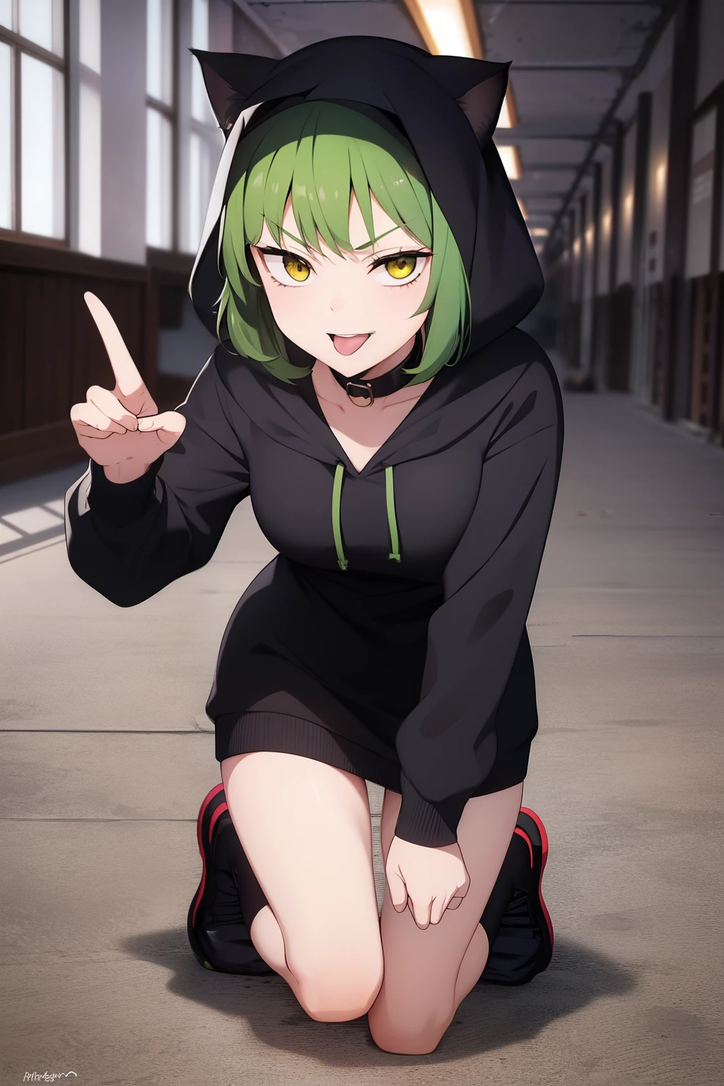 Cute girl, dark green hair, yellow eyes, short hair, cat ears, cat tail, cat collar, sexy ,beautiful eyes,Combat stance,cat,meow, full body,Draw hands better, Green hoodie, dark green hair, beautiful smile, Green hair, draw the hand well, Lifting her ass, Tongue outside the mouth, million, banana,, cat, bad girl,going to school,hijab arab,school, School clothes