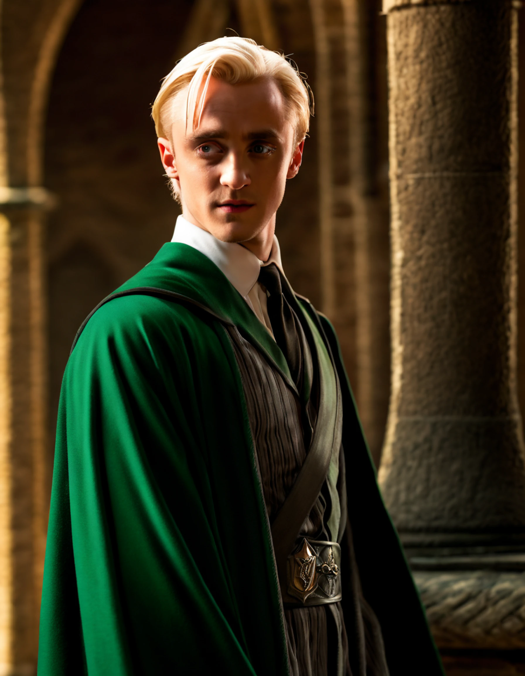 [
    "(best quality,4k,8k,highres,masterpiece:1.2),ultra-detailed,(realistic,photorealistic,photo-realistic:1.37)",
    "Draco Lúcio Malfoy standing in the Hogwarts courtyard",
    "Beautiful detailed grey eyes, slicked back platinum blond hair",
    "Wearing the Slytherin house robe with a silver snake emblem",
    "Confident and arrogant expression on his face",
    "Subtle smirk on his lips showing a hint of mischief",
    "Surrounded by an aura of sophistication and wealth", Tom Felton
    "Crisp morning sunlight casting dramatic shadows on his features",
    "(concept artists) style with vibrant colors and strong contrasts",
    "The background filled with the iconic architecture of Hogwarts Castle",
    "Lush greenery of the courtyard contrasting with the cold stone walls",
    "Soft glowing light illuminating the scene, creating an ethereal atmosphere",
    "A magical wand held firmly in his hand, emitting a faint glow",
    "Attention to detail in capturing the textures of his robes and hair",
    "Captivating and engaging gaze, demanding attention",
    "Dramatic composition with a slight Dutch angle",
    "Hints of mystery and ambition in his posture and expression",
    "(horcruxes) subtly hidden throughout the scene, symbolizing his dark path",
    "Overall, an enchanting and captivating portrayal of Draco Malfoy"
]