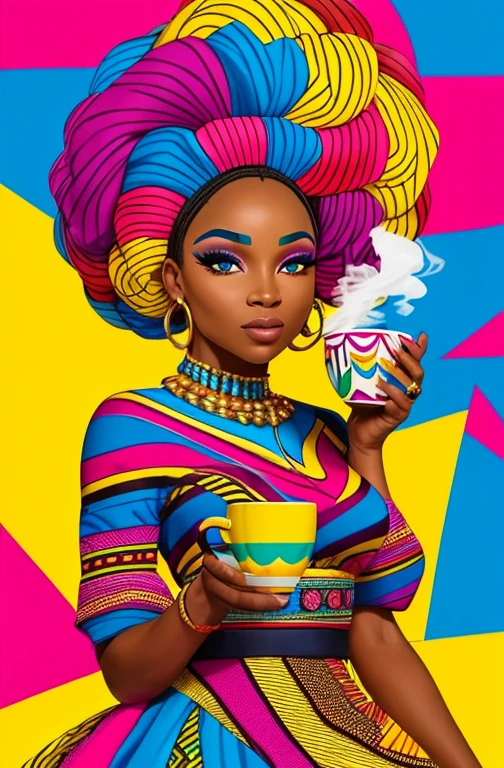 (A BEAUTIFUL ORIGINAL AFRICAN WOMAN HAPPY HAIR WITH A NICE CUP OF COFFEE COMING OUT SMOKE IN HER HAND, Beautiful cup ,Coloridas ,pink and blue and yellow WRITTEN WE COOFFE IN THE CUP ),  Eduardo Kobra ,Romero Brito,The Filling Twins ,multidimensional geometric wall PORTRAIT, arte, Chibi,
Yang08k, lindo, Colouring,
Primary works, qualidade superior, melhor qualidade, Arte Oficial, Beautiful and Aesthetic, 128 mil