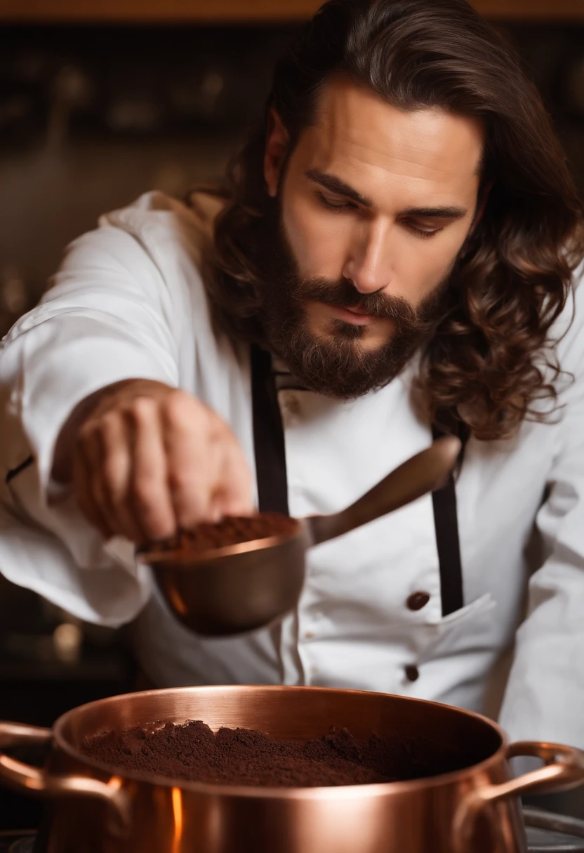 A boomerang video of me expertly tempering a rich, velvety batch of dark chocolate, swirling it gracefully in a copper cauldron over a gentle flame until it glistens like liquid silk.,original,Extremely handsome white man with dark hair and some stubble. Chiseled face. Early to mid forties. Chef. Chocolate maker.