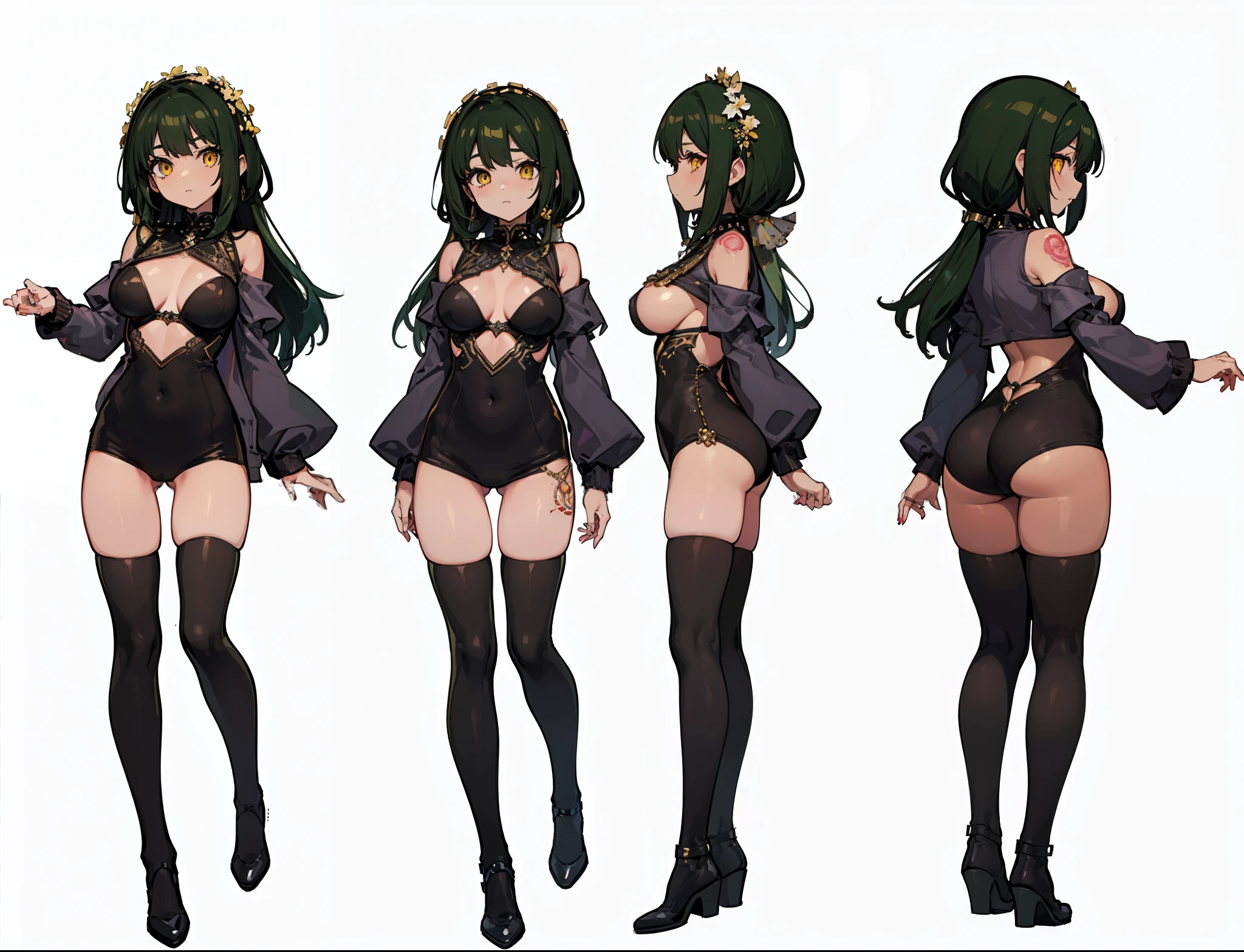 1girl, reference sheet, matching outfit, (fantasy character design, front angles, side angles, rear angles, solid white background) desert skin, sun-kissed skin with tribal markings, brown skin, arabic, cascading dark greenish ebony hair adorned with desert flowers, yellow eyes the color of rich desert sands. Lithe and supple, movements are a mesmerizing dancer, tribal women, enchantress, tattoos. Presence exudes enticing charm. 1outfit, character equip, Crotch Cameltoem Stockings, Deep Violet and Black Performance Ensemble, includes low-cut bodysuit, thigh-high boots, and intricate jewelry, Size: 1.4 (Breasts: C-cup), (Waist: Thin), (Hips: Wide), (Stature: Overall slender) (masterpiece:1.2), (best quality:1.3).