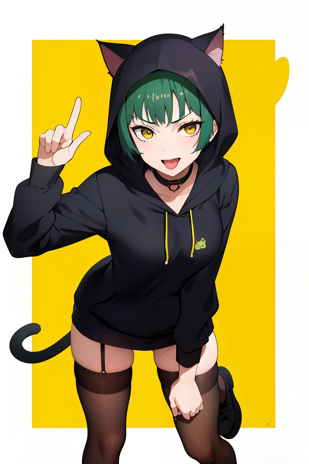 Cute girl, dark green hair, yellow eyes, short hair, cat ears, cat tail, cat collar, sexy ,beautiful eyes,Combat stance,cat,meow, full body,Draw hands better, Green hoodie, dark green hair, beautiful smile,, draw the hand well, Lifting her ass, Tongue outside the mouth, million, banana,, cat, bad girl,going to school,hijab arab,school, School clothes