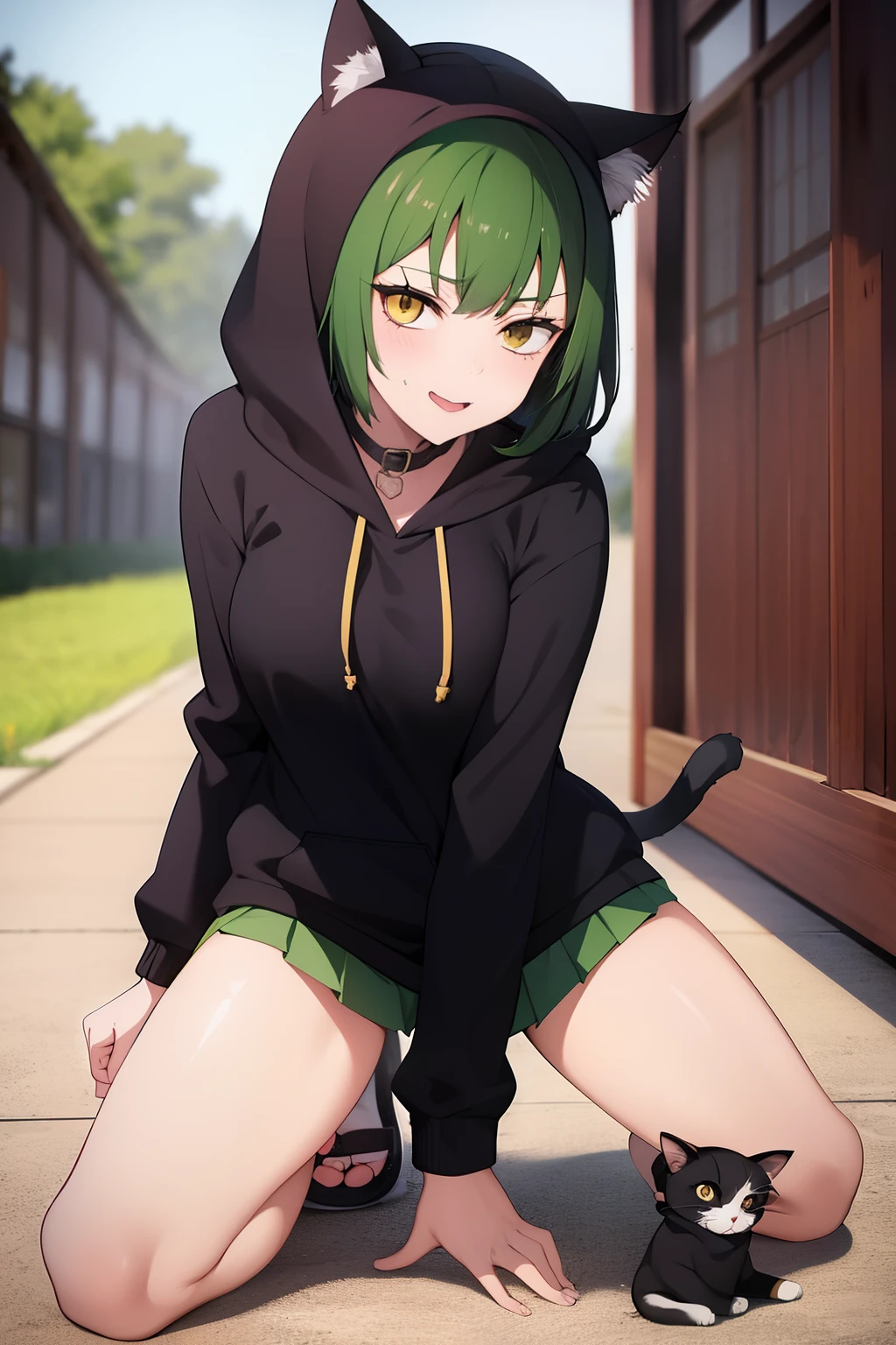 Cute girl, dark green hair, yellow eyes, short hair, cat ears, cat tail, cat collar, sexy ,beautiful eyes,Combat stance,cat,meow, full body,Draw hands better, Green hoodie, dark green hair, beautiful smile,, draw the hand well, Lifting her ass, Tongue outside the mouth, million, banana,, cat, bad girl,going to school,hijab arab,school, School clothes