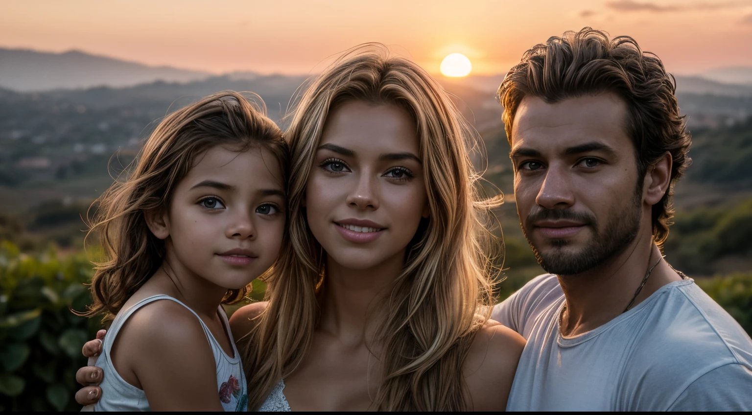 There's a man and a woman and a child posing for a photo, felicidade, Harmonia, ao por do sol ,  8k , ultra realista