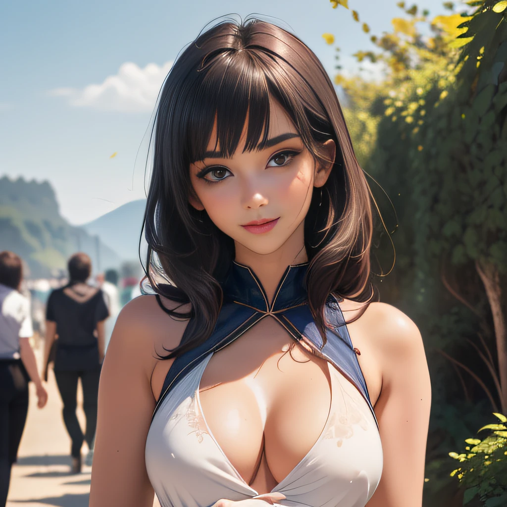 (Extremely detailed 8k wallpaper:2), (photo:2), (22 years old soigne Beautiful girl:2), (gives a lecture to friends:2), detailed (Face and eyes), (hyper realistic:1), (highly detailed:1), (epic realistic:1), rim light, (maximum details:1), cozy, (fullbody:1.3), (looking at viewer:2.0), (Woman's Attractive Qualities:2), (Attractive Woman:2), (Attractive:2), Smile, Intelligence, Empathy, Gracefulness, Sense of Style, Fitness, Grooming, Optimism, (Sensitivity:2), Sincerity, Romantic Gestures, Playfulness, Fashion Sense, (Sensuality:2), Charm, Modesty, Thoughtfulness, (Femininity:1), Flirtatiousness, Warmth, (Physical attractiveness:2), A beautiful smile, A love of life, strength and power, vulnerability, curiosity, wonder, love, (nature background:2), kawaii, waifu, Beautiful breasts, (attractive body:2), (Beautiful body:2), Beautiful pose, attractive pose, (Beautiful legs:1.0), (Beautiful clothes:1), (classic clothes:2), (elegant clothes:2), (European clothes:2), detailed clothes, (skirt:1), (blouse:1), (provocative pose)