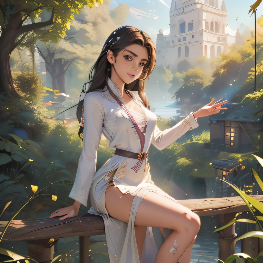 (Extremely detailed 8k wallpaper:2), (photo:2), (22 years old soigne Beautiful girl:2), (gives a lecture to friends:2), detailed (Face and eyes), (hyper realistic:1), (highly detailed:1), (epic realistic:1), rim light, (maximum details:1), cozy, (fullbody:1.3), (looking at viewer:2.0), (Woman's Attractive Qualities:2), (Attractive Woman:2), (Attractive:2), Smile, Intelligence, Empathy, Gracefulness, Sense of Style, Fitness, Grooming, Optimism, (Sensitivity:2), Sincerity, Romantic Gestures, Playfulness, Fashion Sense, (Sensuality:2), Charm, Modesty, Thoughtfulness, (Femininity:1), Flirtatiousness, Warmth, (Physical attractiveness:2), A beautiful smile, A love of life, strength and power, vulnerability, curiosity, wonder, love, (nature background:2), kawaii, waifu, Beautiful breasts, (attractive body:2), (Beautiful body:2), Beautiful pose, attractive pose, (Beautiful legs:1.0), (Beautiful clothes:1), (classic clothes:2), (elegant clothes:2), (European clothes:2), detailed clothes, (skirt:1), (blouse:1), (provocative pose)