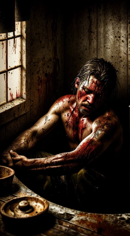 (best quality,ultra-detailed,realistic:1.37),dark,gritty,horrifying artwork,traditional art style,vivid colors,expressive emotions,suicide scene,bathroom setting,bloodied wrists,depression,desperation,intense focus on the wrists,pain and suffering,thought-provoking,raw and emotional,harsh lighting,contrast between light and dark.