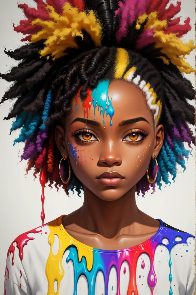 um retrato de pintura abstrata de uma mulher afro-americana com splatter de tinta colorido, no estilo do realismo com elementos de fantasia, gradientes de cores, salpicos de cor, figuras coloridas estilo minimalista, oil painting