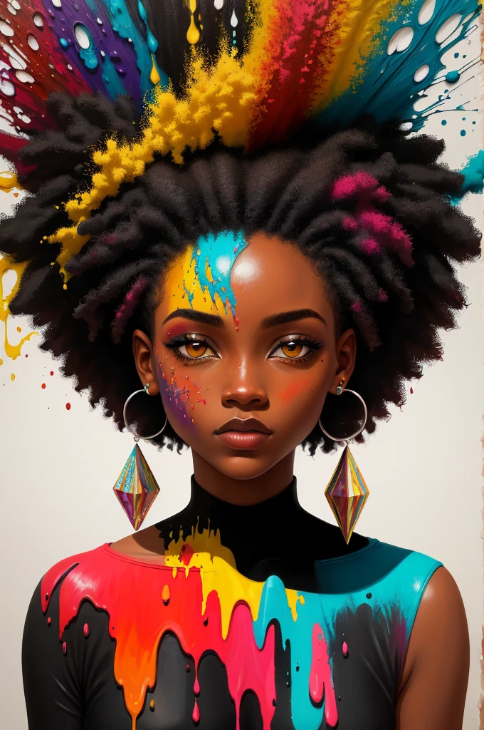 um retrato de pintura abstrata de uma mulher afro-americana com splatter de tinta colorido, no estilo do realismo com elementos de fantasia, gradientes de cores, salpicos de cor, figuras coloridas estilo minimalista, oil painting