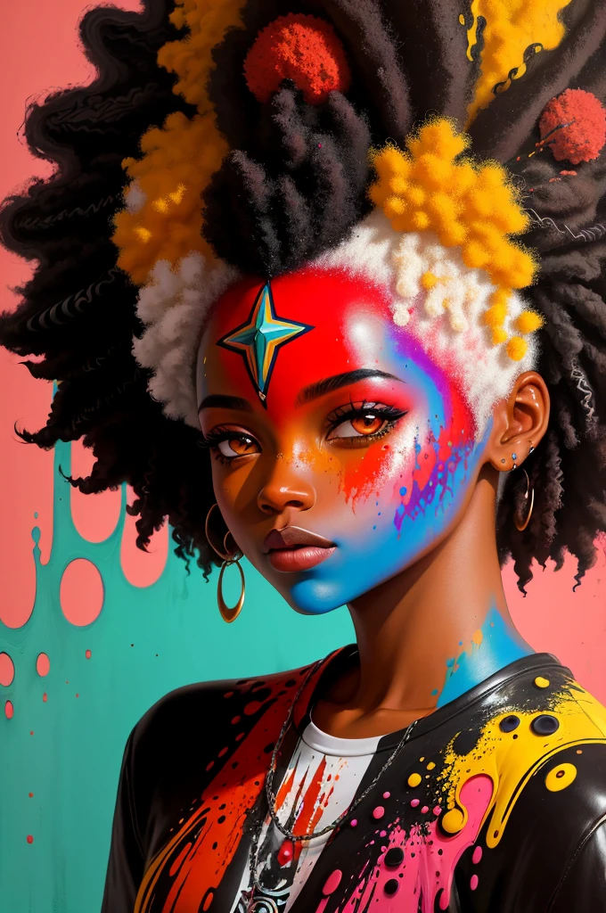um retrato de pintura abstrata de uma mulher afro-americana com splatter de tinta colorido, no estilo do realismo com elementos de fantasia, gradientes de cores, salpicos de cor, figuras coloridas estilo minimalista, oil painting