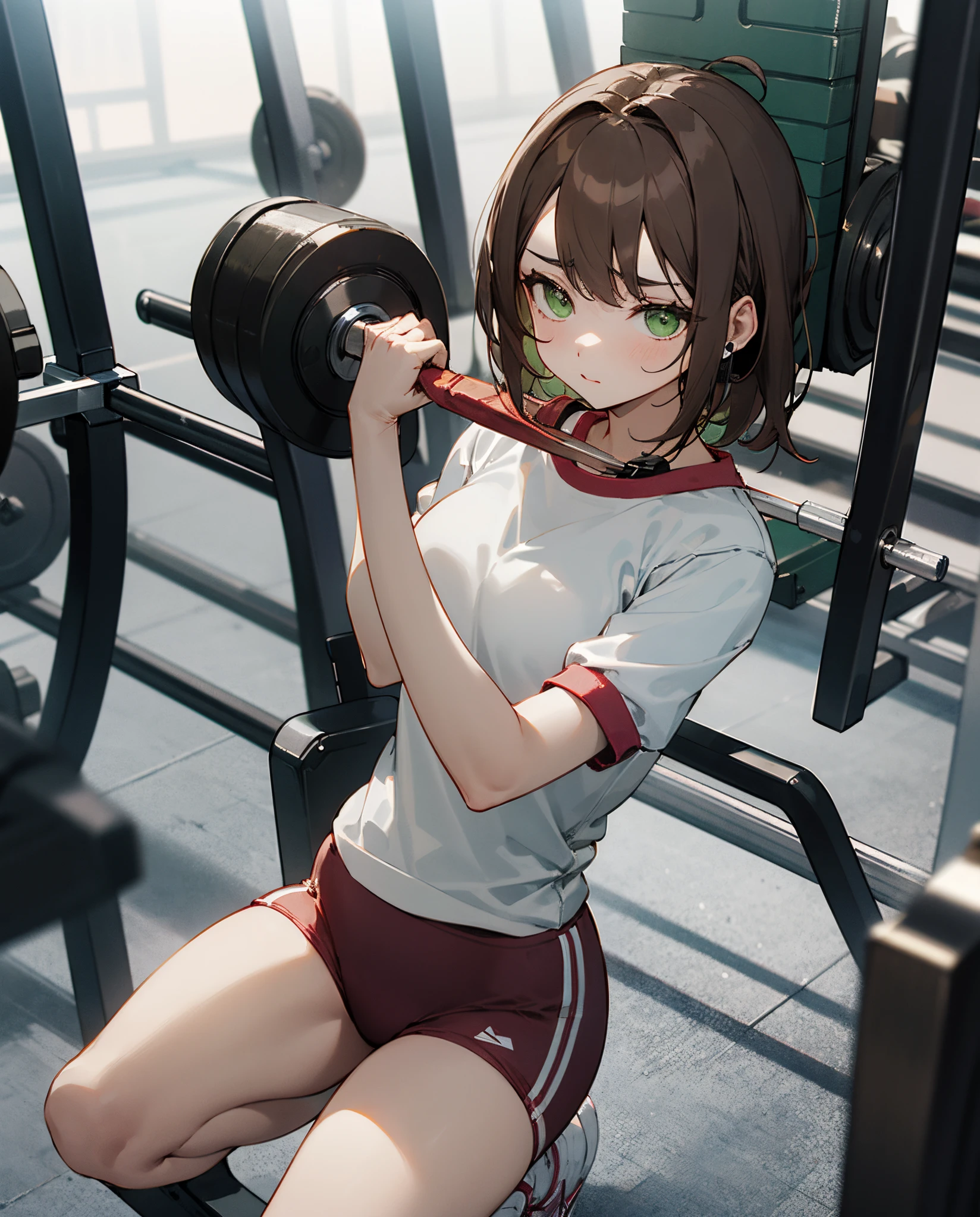 Generate an image of a brown hair, green eyes woman wearing earphone and gym clothes lifting weights at the gym