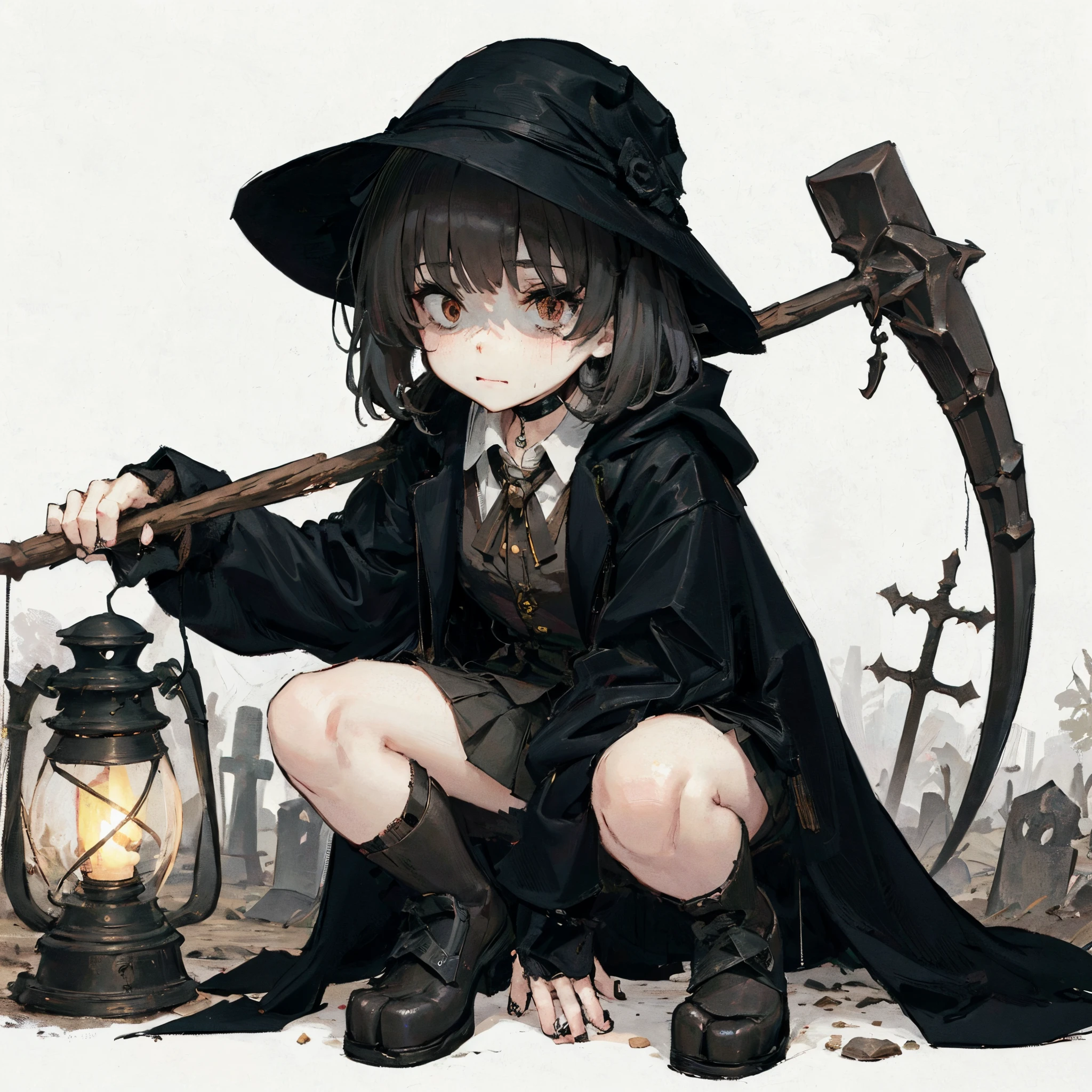 A girl in a black coat. Her eyes look bad. She has a black hat. dirty clothes. Lantern in her hand. A big sickle in her hand. mini skirt. Crouch down. Bone beast. Cemetery.