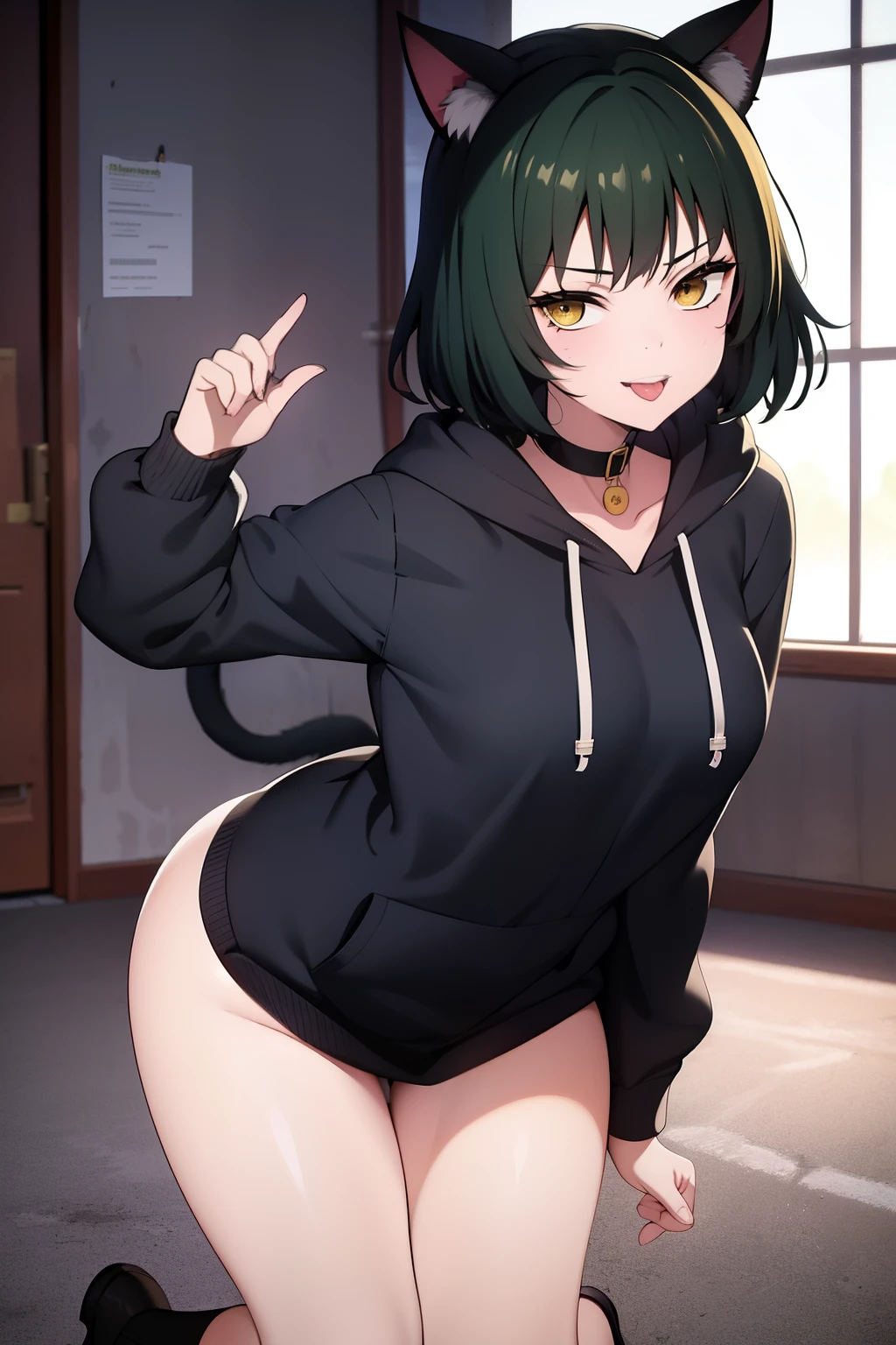 Cute girl, dark green hair, yellow eyes, short hair, cat ears, cat tail, cat collar, sexy ,beautiful eyes,Cute pause, full body,Draw hands better, Green hoodie, dark green hair, beautiful smile,, draw the hand well, Lifting her ass, Tongue outside the mouth, million, banana,, cat, bad girl,going to school,hijab arab,school, School clothes