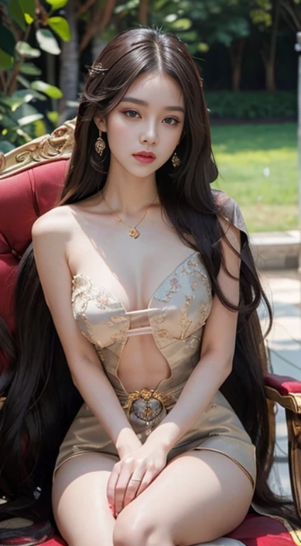 Detailed faces, Clear Face, beautiful girl, (((See the whole body......, Long slender legs......))), Model Girl, Korean Makeup, Red lips, Black Hair, (((very long hair, Extra long hair))), Medium body, Big breasts, super large breasts,(((emphasis on breasts, breast augmentation))), Thai angel costume, antique, Traditional Thai costumes, high-res, Full body , The stomach was visible......., I see beautiful legs., Evening Light, Sit on the throne., elegant posture, Look straight ahead........, queen, Mrs. Phaya