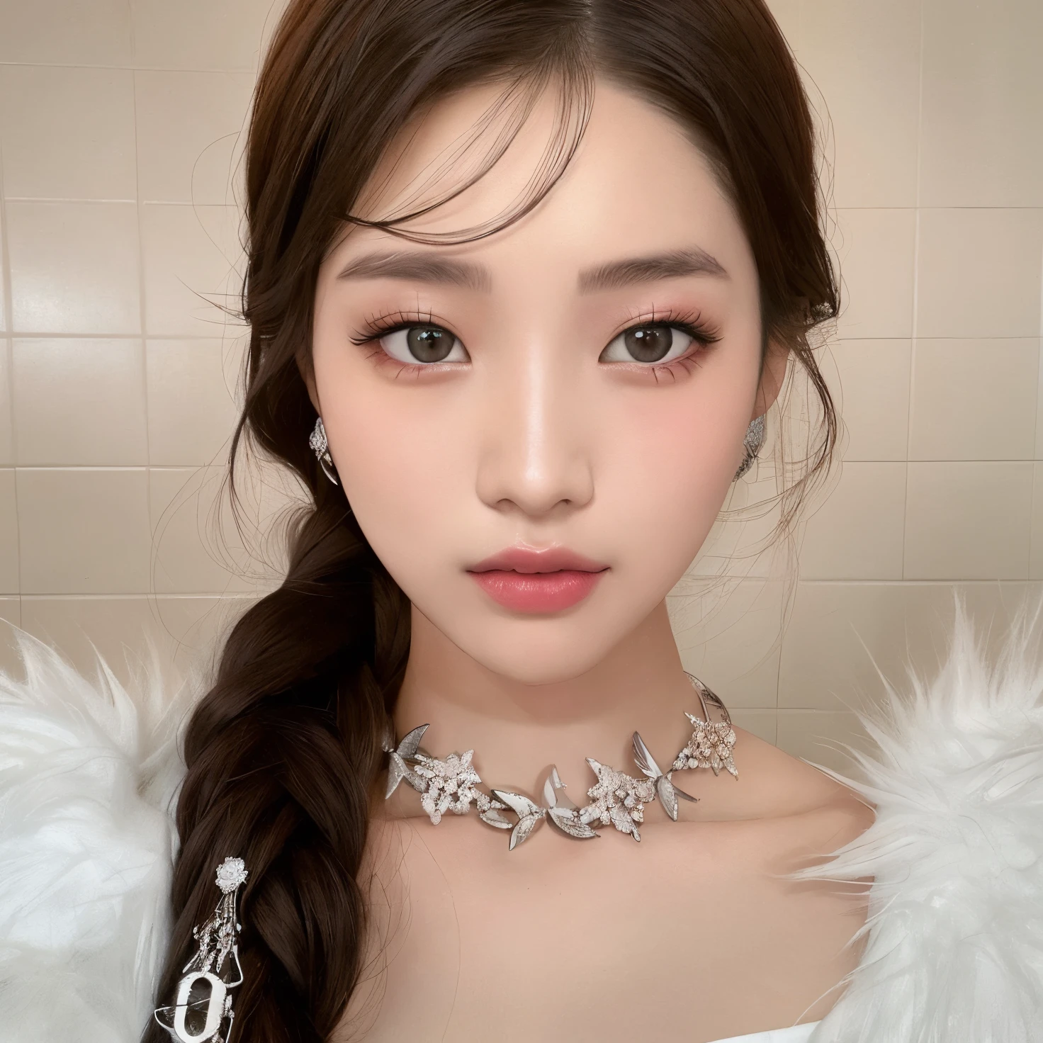 Mujer araffada con un abrigo de piel blanco y un collar., Jinyoung Shin, ulzzang, Jaeyeon Nam, maquillaje popular de Corea del Sur, Heonhwa Choe, maquillaje coreano popular, dilraba dilmurat, Lalisa Manobal, Parque Ji-min, Lee Ji-eun, Lee Ji - Eun, tzuyu de dos veces
