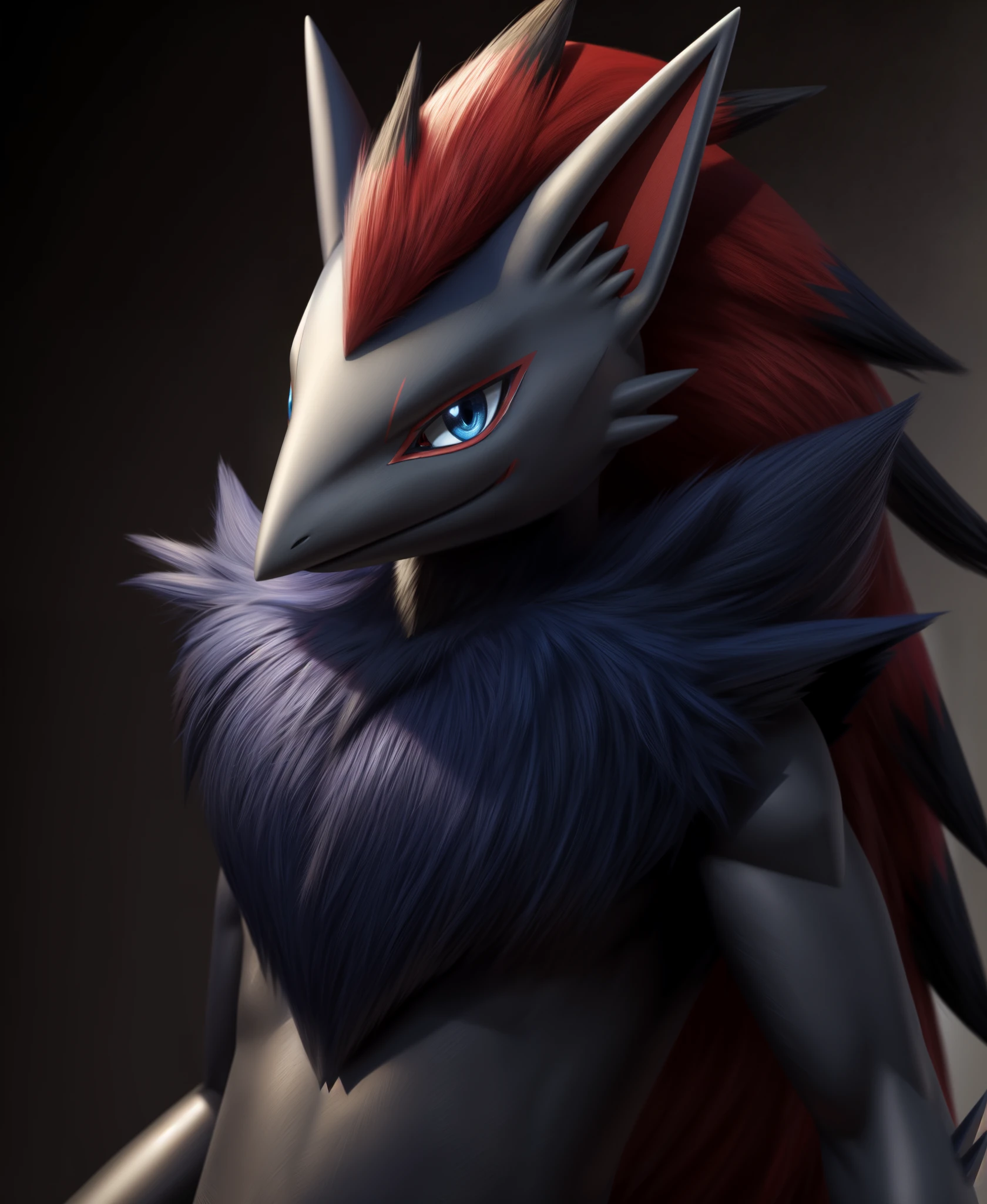 real e621, photorealistic, masterpiece, zoroark_(pokemon), looking at viewer, sharp blue eyes, full body portrait,