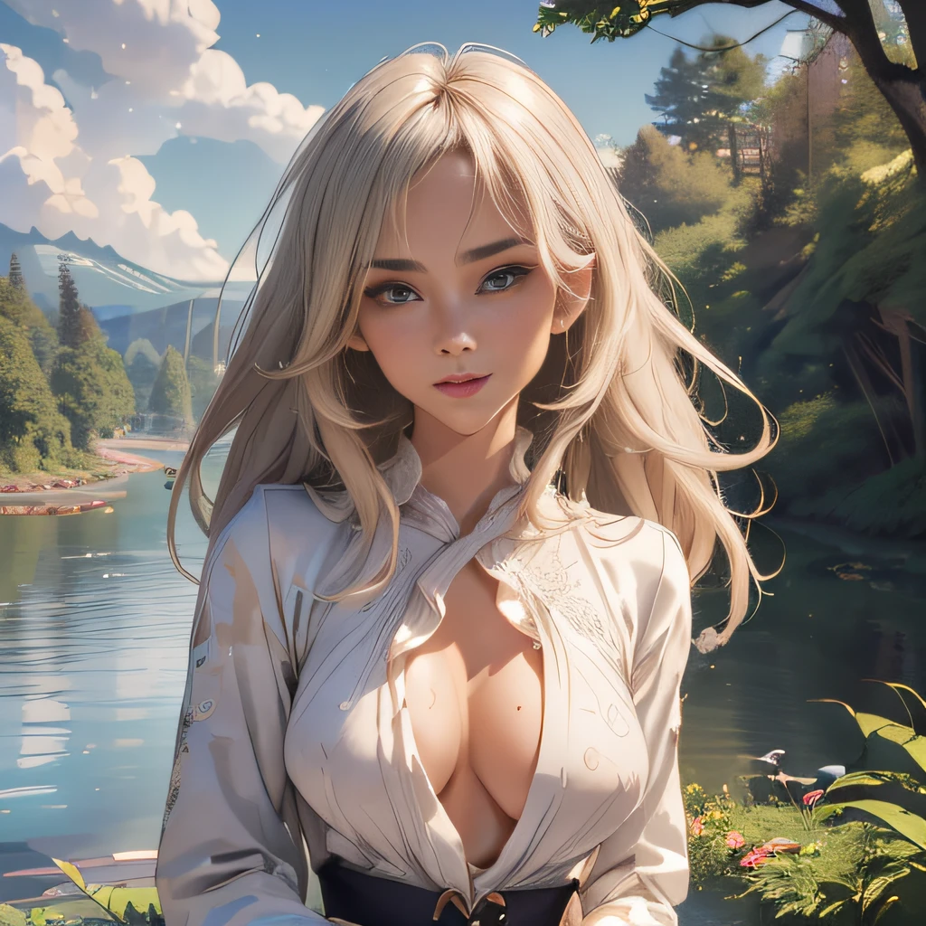 (Extremely detailed 8k wallpaper:2), (photo:2), (25 years old soigne Beautiful girl:2), (gives a lecture to friends:2), detailed (Face and eyes), (hyper realistic:1), (highly detailed:1), (epic realistic:1), rim light, (maximum details:1), cozy, (fullbody:1.3), (looking at viewer:2), (Woman's Attractive Qualities:2), (Attractive Woman:2), (Attractive:2), Smile, Intelligence, Empathy, Gracefulness, Sense of Style, Fitness, Grooming, Optimism, (Sensitivity:2), Sincerity, Romantic Gestures, Playfulness, Fashion Sense, (Sensuality:2), Charm, Modesty, Thoughtfulness, (Femininity:1), Flirtatiousness, Warmth, (Physical attractiveness:2), A beautiful smile, A love of life, strength and power, vulnerability, curiosity, wonder, love, (nature background:2), kawaii, waifu, Beautiful breasts, (attractive body:2), (Beautiful body:2), Beautiful pose, attractive pose, (Beautiful legs:1.0), (Beautiful clothes:1), (classic clothes:2), (elegant clothes:2), (European clothes:2), detailed clothes, (skirt:1), (blouse:1), (provocative pose)