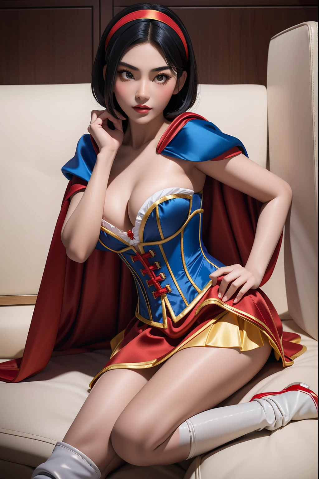 Beautiful Chinese  woman, wearing snow white cosplay, blue silk corset, red silk cape, yellow silk pleated skater skirt, , black short  bob hair, red hairband,   , masterpiece, photorealistic, amazing detailed face, amazingly detailed skin, boots, large breasts, cleavage