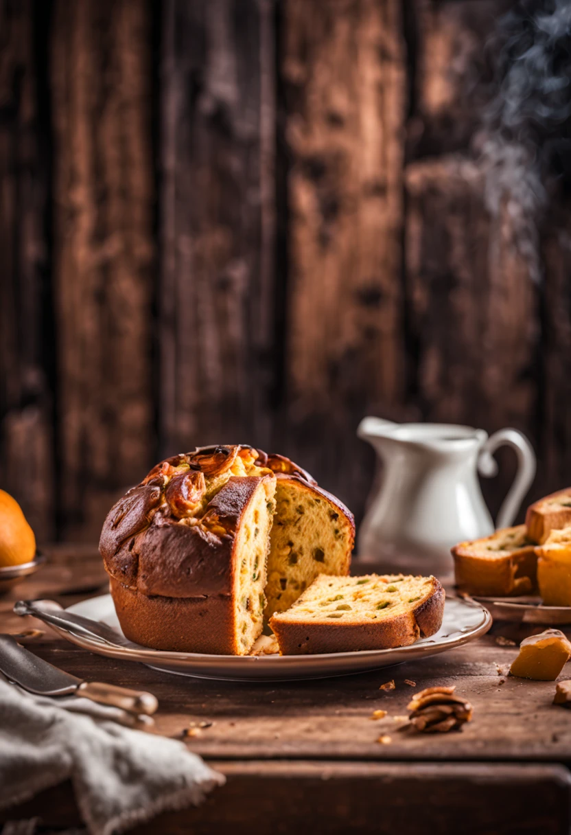 juicy Milanese panettone, one slice cut, smoke coming out on a beautiful rustic wooden table with a delicious ultra detailed breakfast, Real Photo, promotional photo, hdr, adobe lightroom