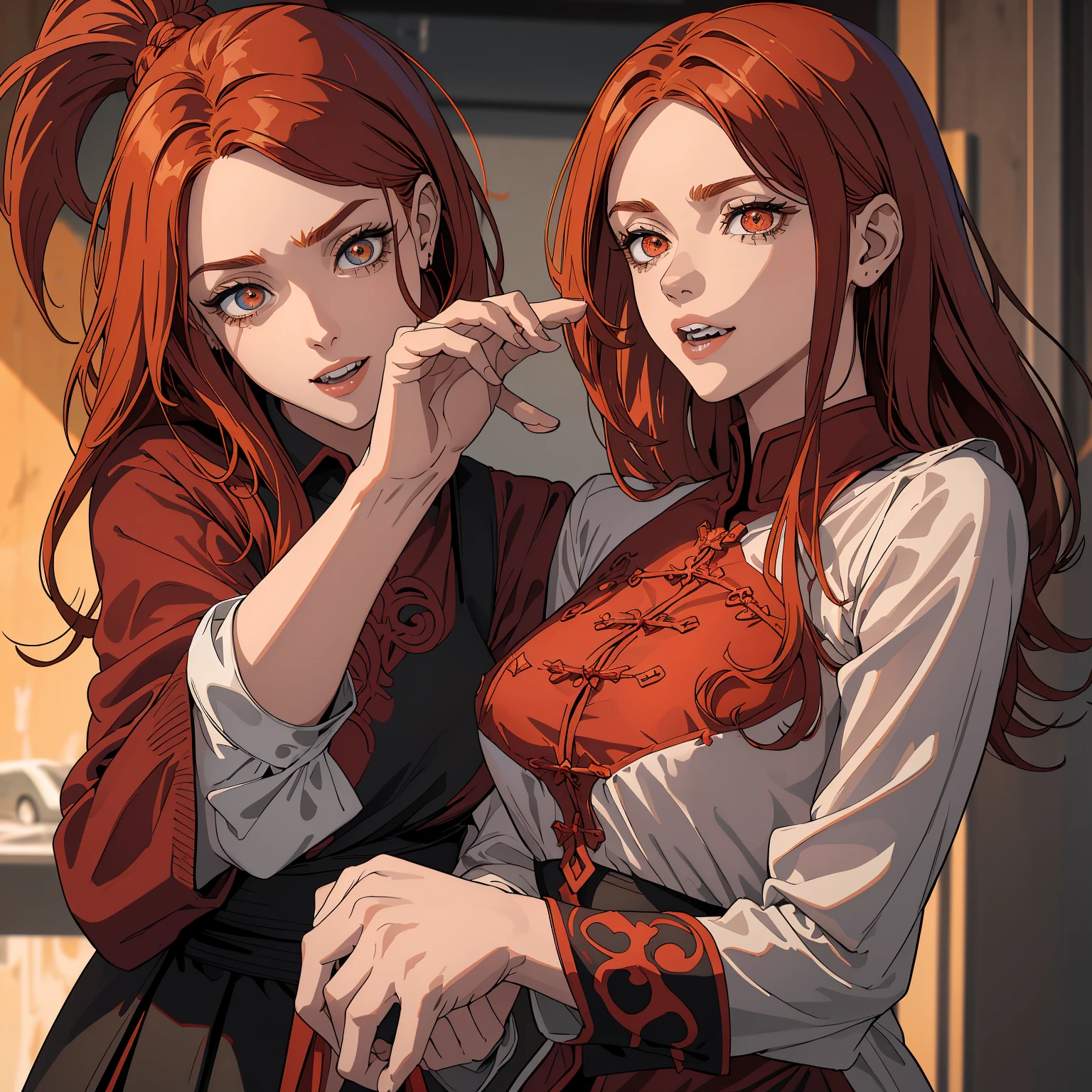 (best quality), (master part), (sozinho), 1girl, power_Csm, red hair, olhos amarelos, pupilas em forma de cruz, symbol-shaped pupils, chifres vermelhos, camisa branca abotoada, gravata preta, dentes afiados, sorriso,