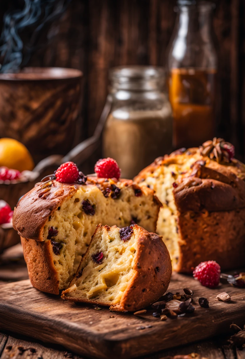 juicy Milanese panettone, one slice cut, smoke coming out on a beautiful rustic wooden table with a delicious ultra detailed breakfast, Real Photo, promotional photo, hdr, adobe lightroom