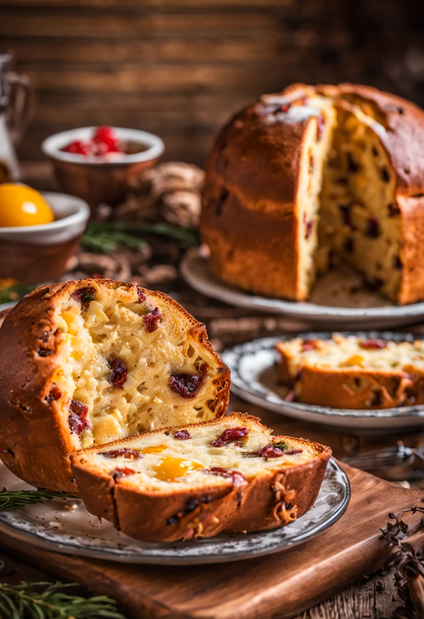 juicy Milanese panettone, one slice cut, smoke coming out on a beautiful rustic wooden table with a delicious ultra detailed breakfast, Real Photo, promotional photo, hdr, adobe lightroom