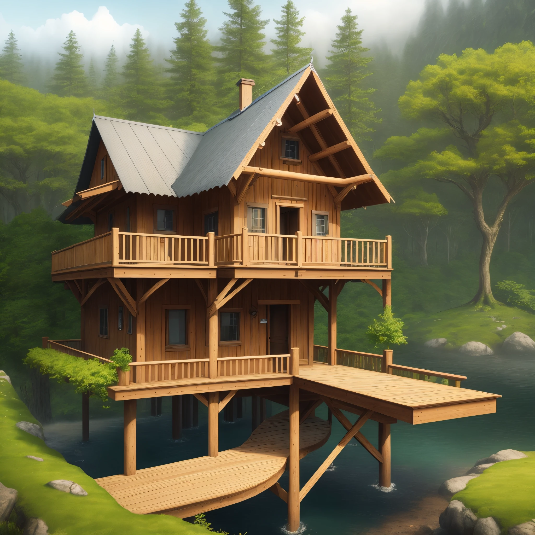 multiple treehouses connected by bridges