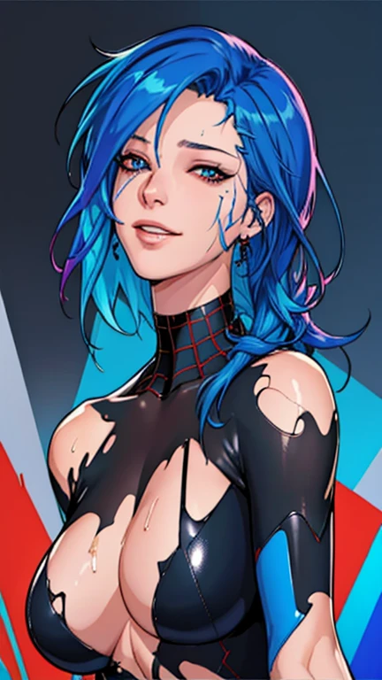 (best quality, masterpiece, colorful, dynamic angle, highest detailed) upper body photo, fashion photography of cute, dark blue hair with black highlights, torn spiderman suit,(ultrahigh resolution textures), in dynamic pose, bokeh, glowing web, (intricate details, hyperdetailed:1.15), detailed, light passing through hair, colorful art flat background(official art, extreme detailed, highest detailed), calmart, revealing clothes, coquettish, black streaks in hair, living clothes, shiny skin, dripping in fluids, sticky fluids on skin, chloeprice