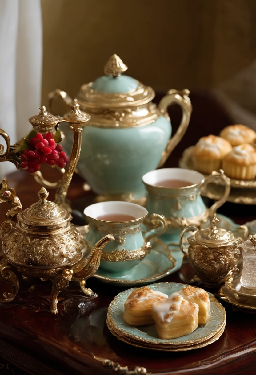 A beautifully arranged tea set with elegant porcelain cups, a silver teapot, and a plate of delicious pastries,HBO's Game of Thrones,Margaery is pretty with curly auburn hair, a heart shaped face, green eyes, wears sky blue dresses with gold jewelry, famously portrayed by Natalie Dormer