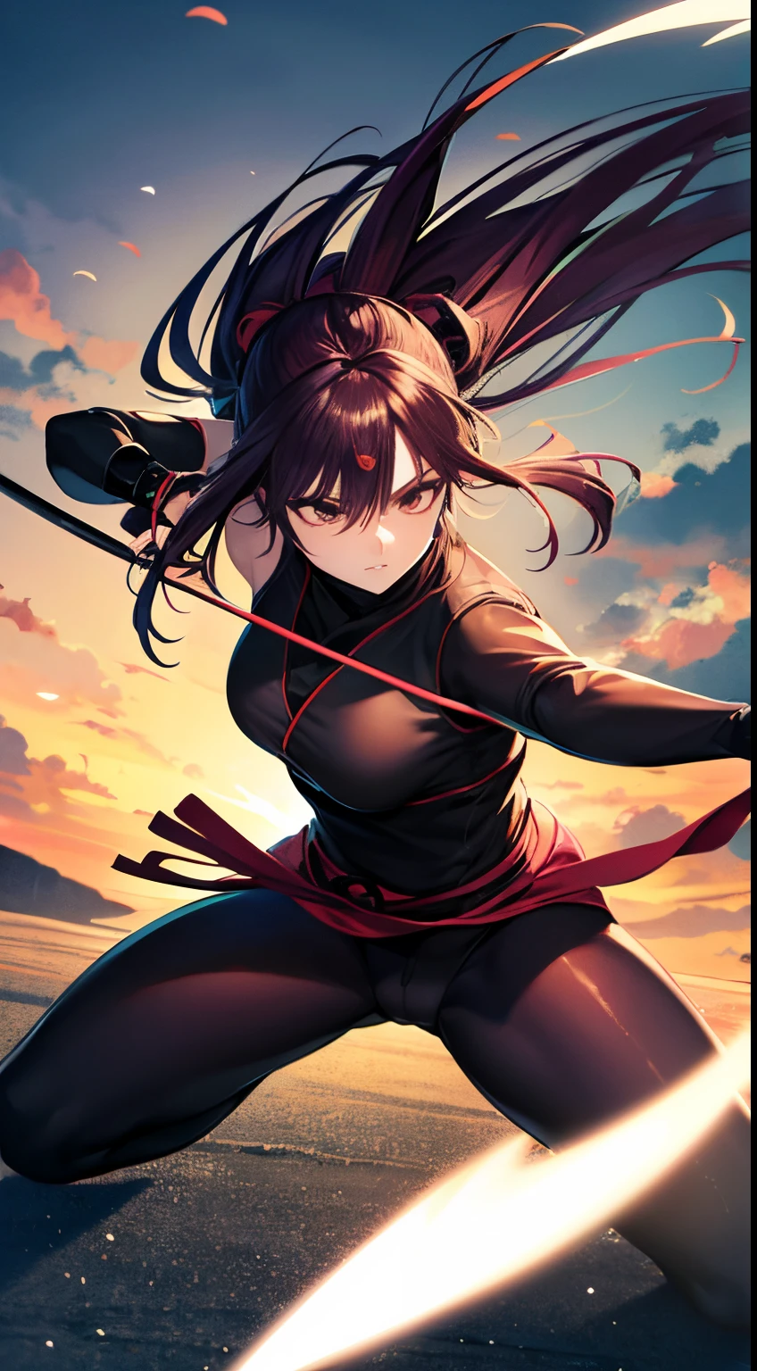 Anime style, clareiraede floresta, female sexy ninjas women treinando ninja weapons, shuriken, elas usam roupas ninjas com decotes, seios pequeninos, Legs on display, corpo escultural, mask and hair in the wind, katanas , nunchako, evening
