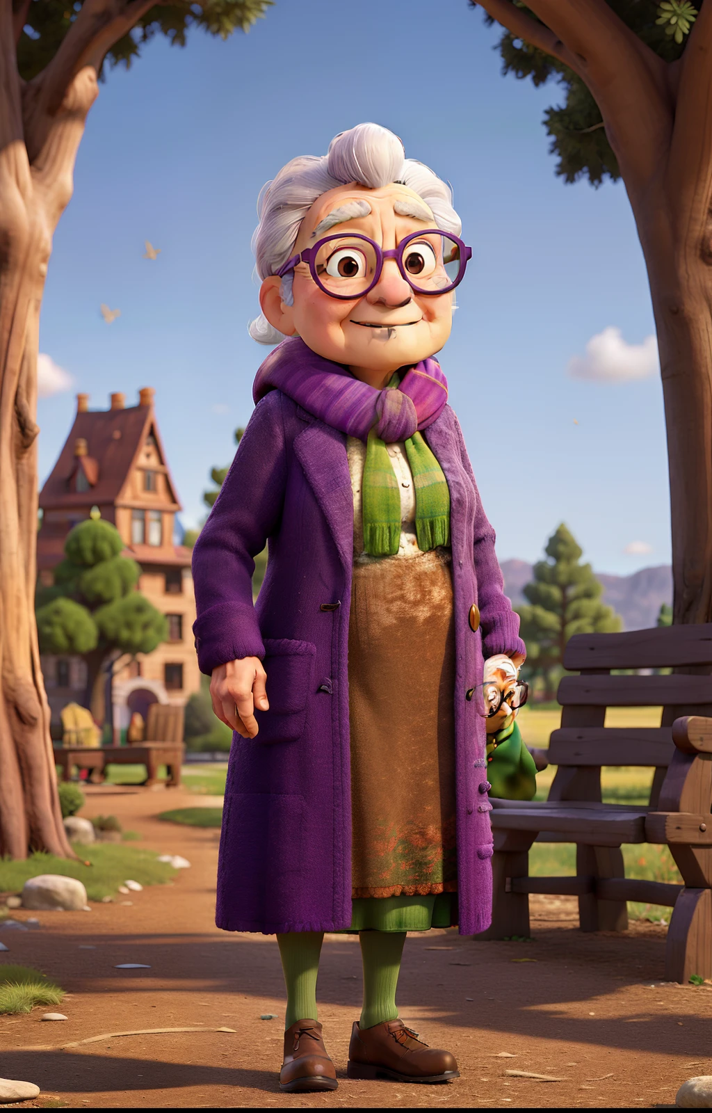 masterpiece, best quality, an old woman with glasses and a scarf on, wearing a purple coat and green scarf, standing at the park