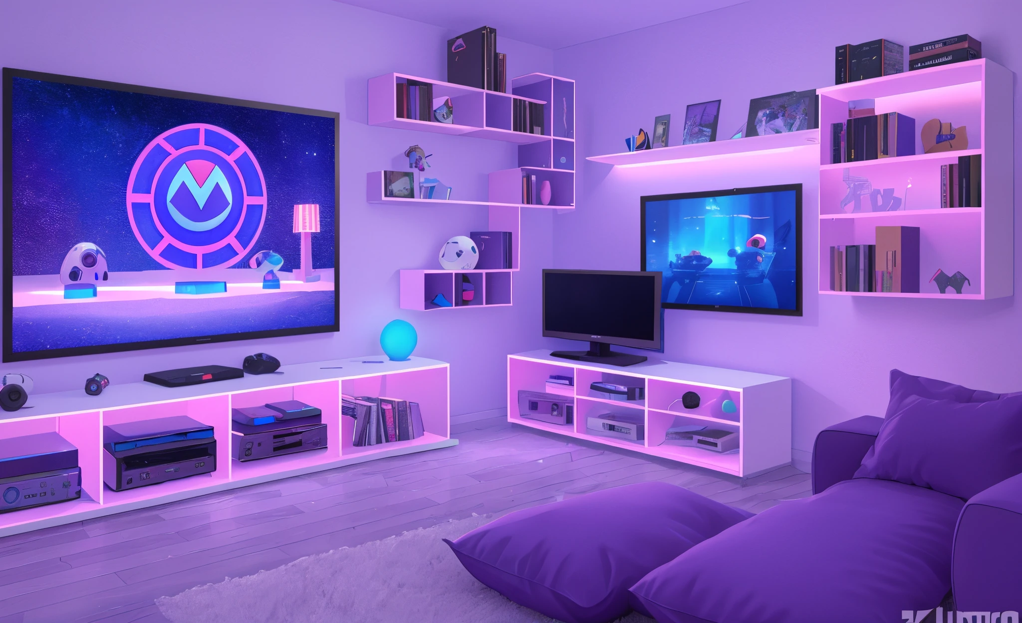 Realistic 3D decor with blue and purple LEDs. A MARIO poster. White shelves. On the shelves, a gaming controller, keyboard and mouse. A sofa in the background. At night. Detailed, 4k. --auto --s2