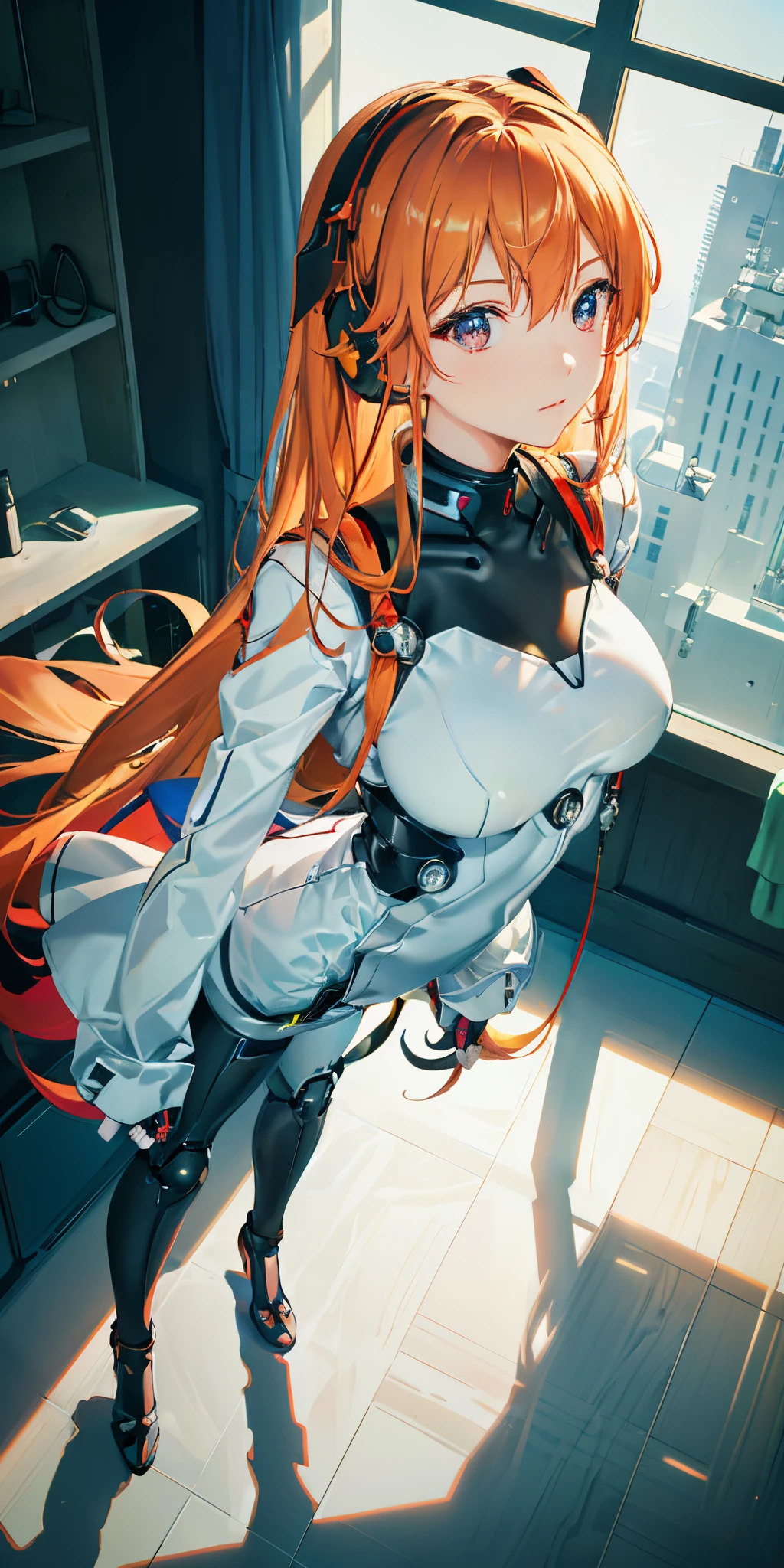 (Overhead view),dynamic angle,ultra-detailed, illustration, close-up, straight on, 1girl, 
 ((souryuu asuka langley, interface headset, red bodysuit:1.4, blonde)),Her eyes shone like dreamy stars,(glowing eyes:1.233),(beautiful and detailed eyes:1.1),(expressionless,closed mouth),(standing), 
(mechanic room with toolsand spaceship windowin a white SPACESHIP),
(night:1.2),dreamy, [[delicate fingers and hands:0.55]::0.85],(detail fingers),