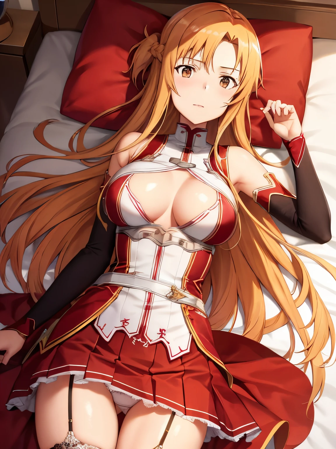 Asuna Yuki(Sword Art Online), dynamic angle, Long bronze hair,braid,Brown eyes,Detailed eyes,Large chest line,Roll Forward,armature,chest flap,luxury long sleeve white luxury shirt,Detached sleeves,red and white luxurious skirt,pleatedskirt,Lifelike,Her thin legs are so cute.,Very beautiful long legs.,white thighhig, luxury garter,Perfect body,Lifelike,Standing,white lace luxury panties,combat style,Fighting Pose, Dynamic pose holding a high-class sword in hand Holding a high-class sword in hand,up skirt,Lying,Bedroom,on the bed