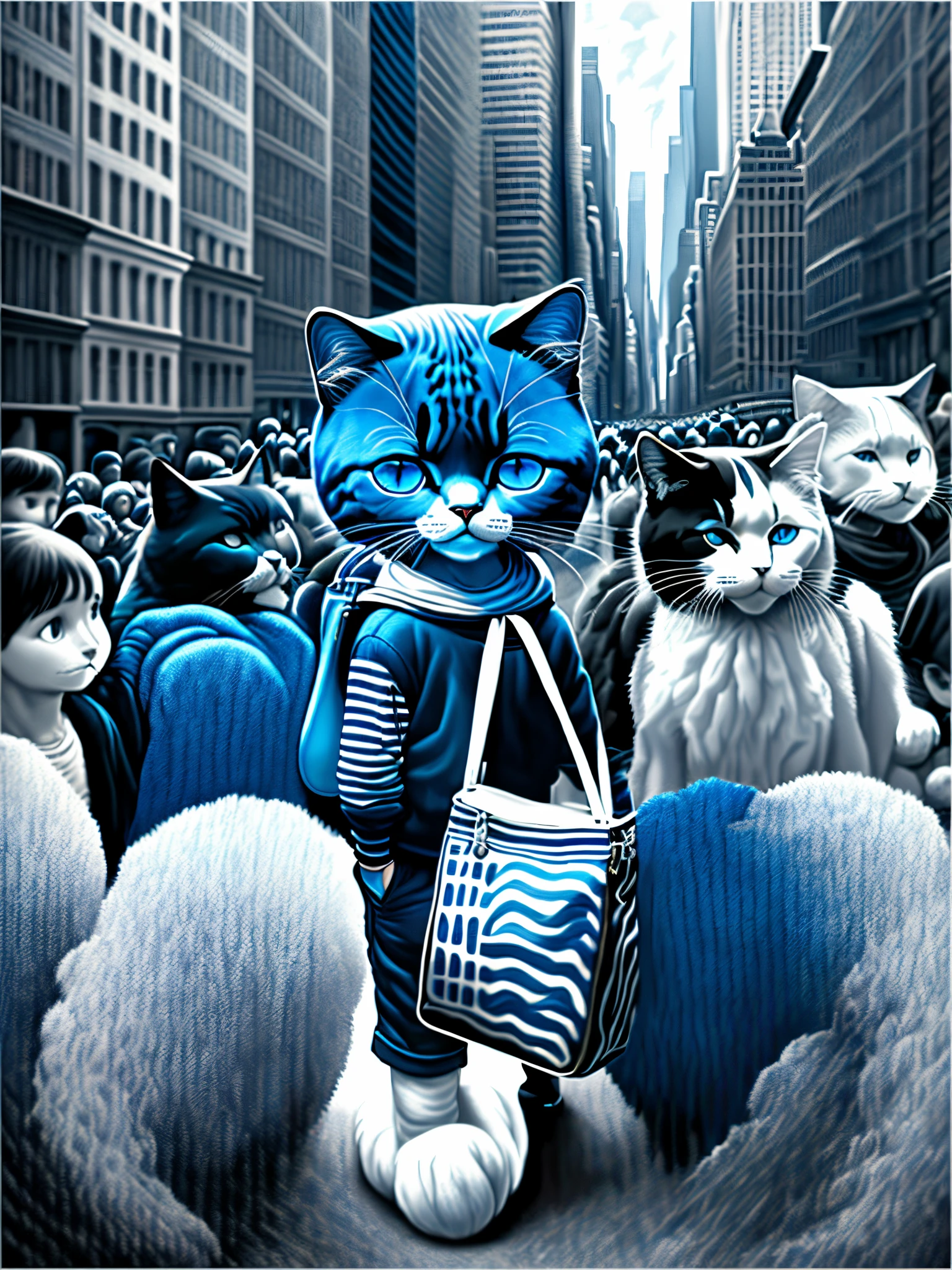 a blue boy standing, a balck and white crowd, boy with bag, cat on size, new york city, Artistiac art --auto --s2