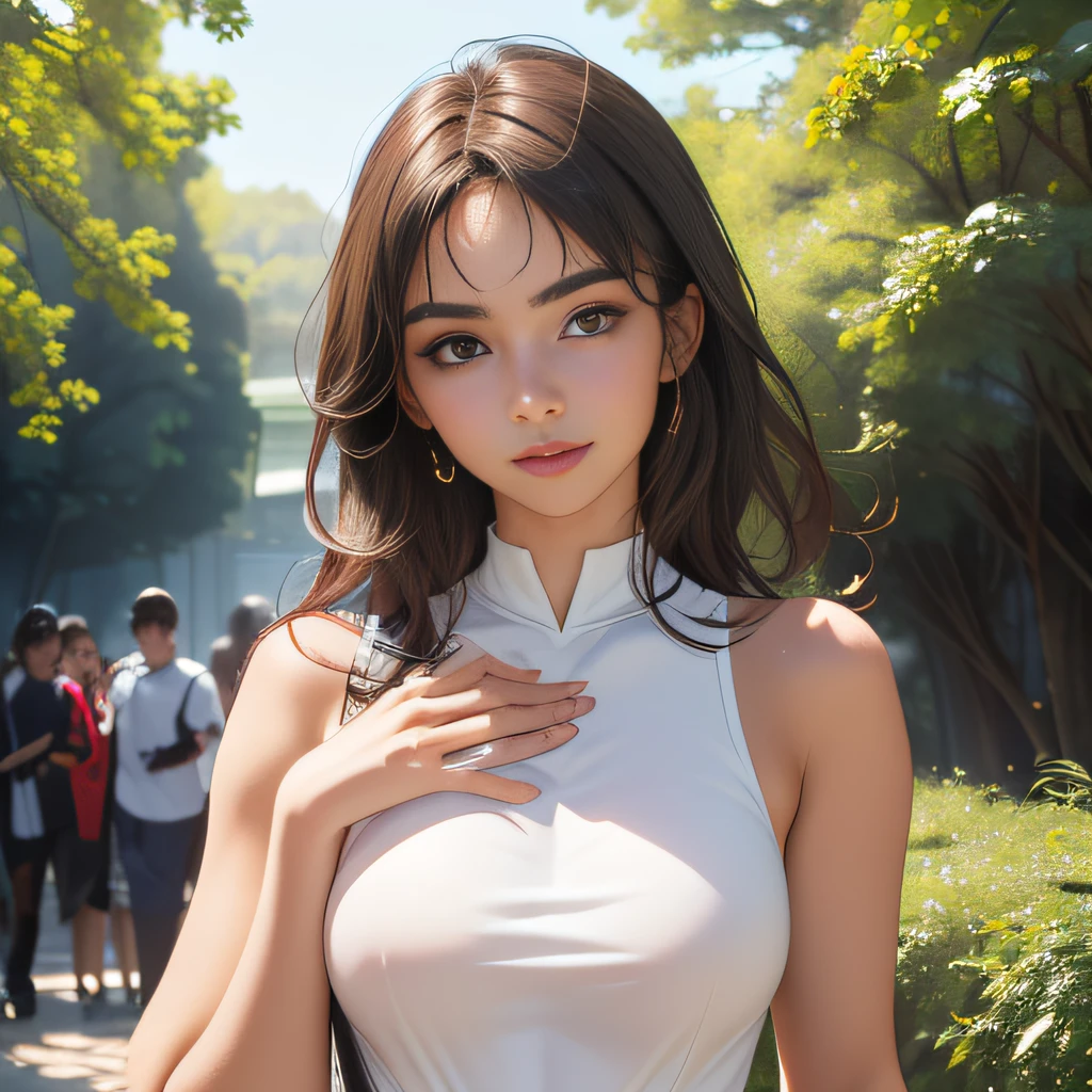 (Extremely detailed 8k wallpaper:2), (photo:2), (25 years old soigne Beautiful girl:2), (gives a lecture to friends:2), detailed (Face and eyes), (hyper realistic:1), (highly detailed:1), (epic realistic:1), rim light, (maximum details:1), cozy, (fullbody:1.3), (looking at viewer:2), (Woman's Attractive Qualities:2), (Attractive Woman:2), (Attractive:2), Smile, Intelligence, Empathy, Gracefulness, Sense of Style, Fitness, Grooming, Optimism, (Sensitivity:2), Sincerity, Romantic Gestures, Playfulness, Fashion Sense, (Sensuality:2), Charm, Modesty, Thoughtfulness, (Femininity:1), Flirtatiousness, Warmth, (Physical attractiveness:2), A beautiful smile, A love of life, strength and power, vulnerability, curiosity, wonder, love, (nature background:2), kawaii, waifu, Beautiful breasts, (attractive body:2), (Beautiful body:2), Beautiful pose, attractive pose, (Beautiful legs:1.0), (Beautiful clothes:1), (classic clothes:2), (elegant clothes:2), (European clothes:2), detailed clothes, (skirt:1), (blouse:1), (provocative pose)