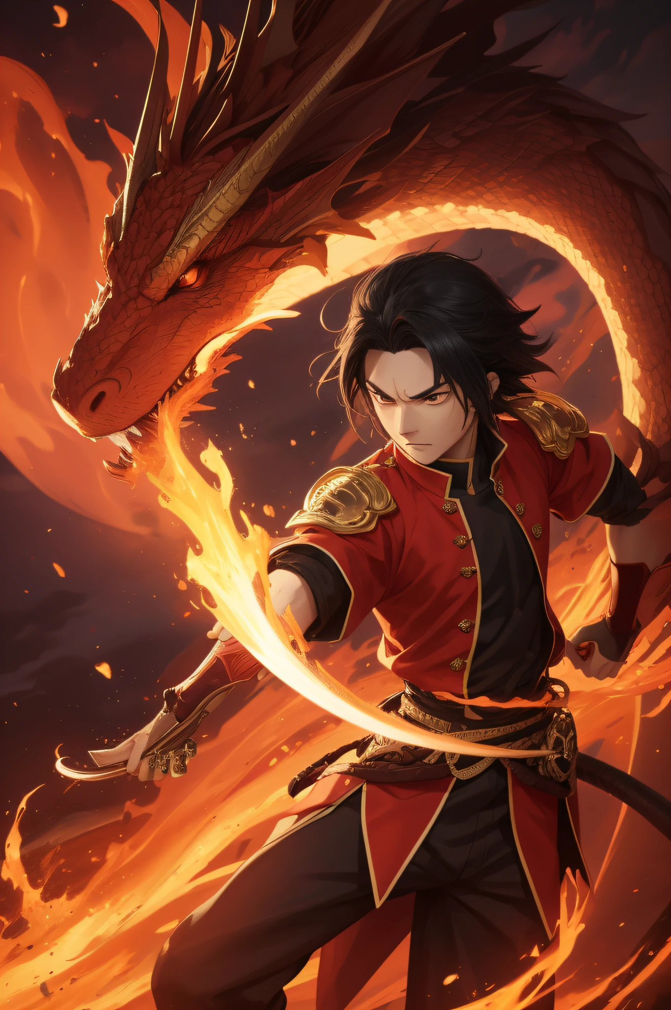 Produce a high-resolution digital image that depicts the Demon Slayer character Tanjiro wielding his sword, where the fire that surrounds her takes the form of a dragon. Tanjiro deve ser representado em detalhes realistas, displaying your determined posture and focused expression. Sua espada deve estar envolta em chamas intensas, que, ao se erguerem, take the form of a majestic dragon, com suas chamas fluindo e se contorcendo como se fossem asas, tail and body of a dragon in flight. As chamas devem transmitir um efeito visual impressionante, combinando tons de laranja, vermelho e amarelo, emanando calor e energia. Use light and shadow effects to create a dramatic atmosphere and highlight Tanjiro's protagonism as he controls this dragon-shaped fire manifestation, capturing the essence of your determination and power.
