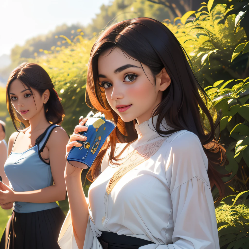(Extremely detailed 8k wallpaper:2), (photo:2), (25 years old soigne Beautiful girl:2), (gives a lecture to friends:2), detailed (Face and eyes), (hyper realistic:1), (highly detailed:1), (epic realistic:1), rim light, (maximum details:1), cozy, (fullbody:1.3), (looking at viewer:2), (Woman's Attractive Qualities:2), (Attractive Woman:2), (Attractive:2), Smile, Intelligence, Empathy, Gracefulness, Sense of Style, Fitness, Grooming, Optimism, (Sensitivity:2), Sincerity, Romantic Gestures, Playfulness, Fashion Sense, (Sensuality:2), Charm, Modesty, Thoughtfulness, (Femininity:1), Flirtatiousness, Warmth, (Physical attractiveness:2), A beautiful smile, A love of life, strength and power, vulnerability, curiosity, wonder, love, (nature background:2), kawaii, waifu, Beautiful breasts, (attractive body:2), (Beautiful body:2), Beautiful pose, attractive pose, (Beautiful legs:1.0), (Beautiful clothes:1), (classic clothes:2), (elegant clothes:2), (European clothes:2), detailed clothes, (skirt:1), (blouse:1), (provocative pose)